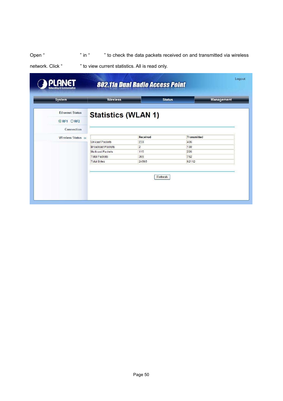 3 view wireless statistics | PLANET WAP-7500 User Manual | Page 50 / 82
