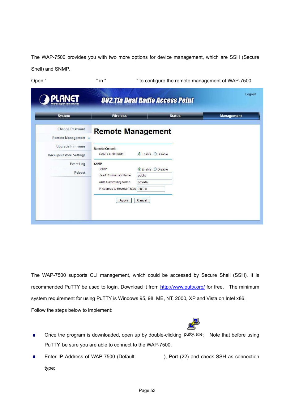 6 remote management, 1 remote console | PLANET WAP-7500 User Manual | Page 53 / 82