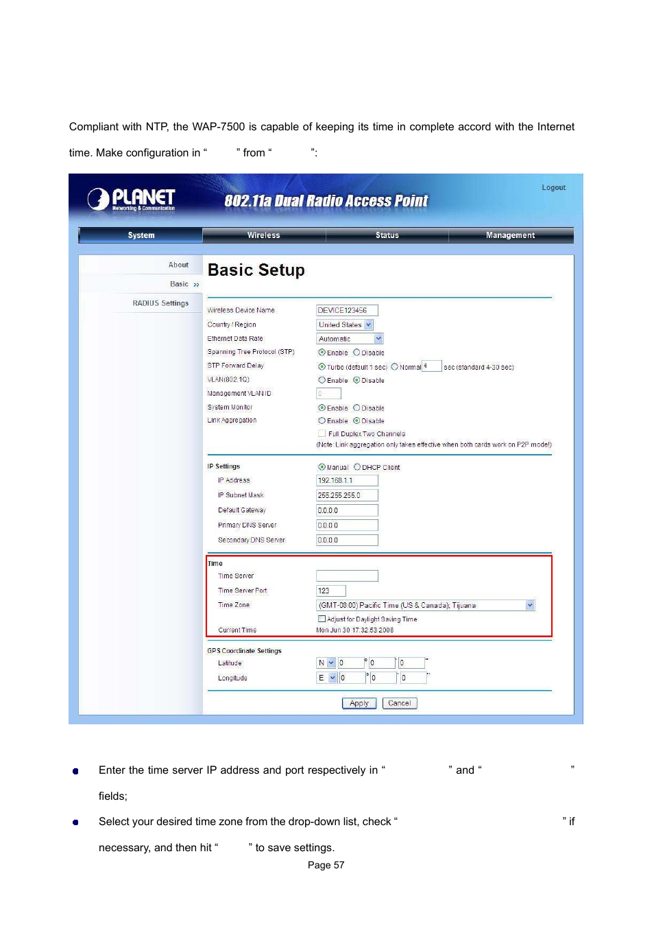 7 time settings | PLANET WAP-7500 User Manual | Page 57 / 82