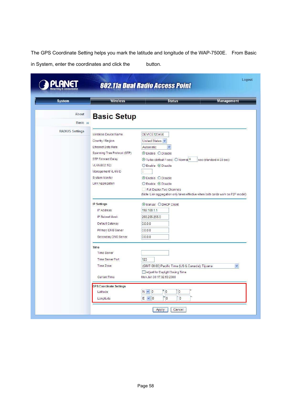8 gps coordinate settings | PLANET WAP-7500 User Manual | Page 58 / 82