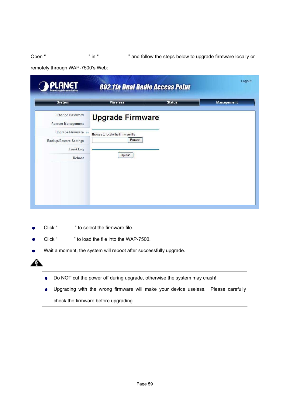9 upgrade firmware | PLANET WAP-7500 User Manual | Page 59 / 82