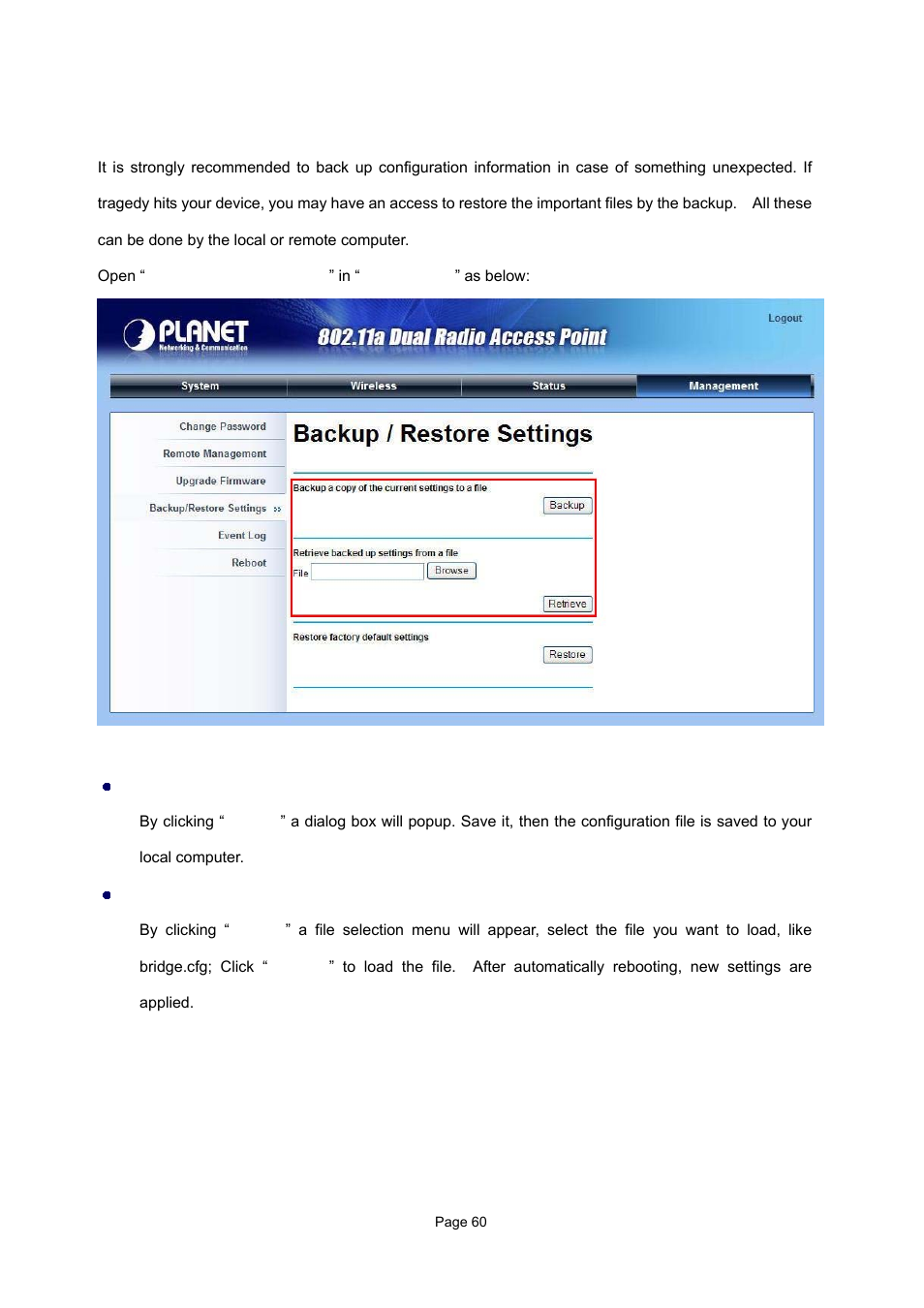 10 backup/restore settings | PLANET WAP-7500 User Manual | Page 60 / 82