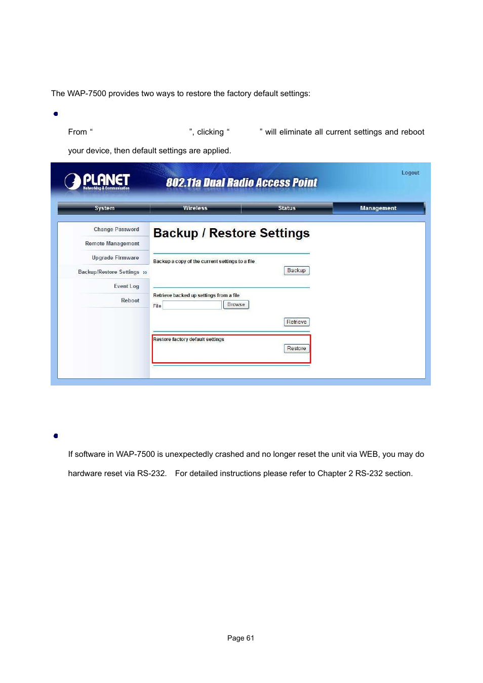 11 restore factory default settings | PLANET WAP-7500 User Manual | Page 61 / 82