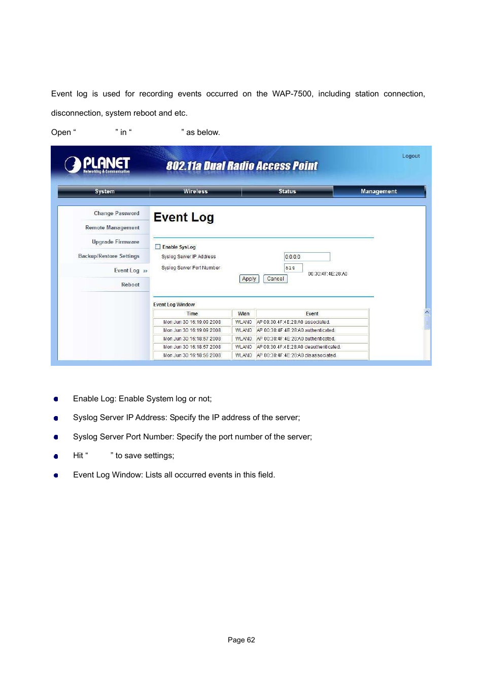 12 event log | PLANET WAP-7500 User Manual | Page 62 / 82