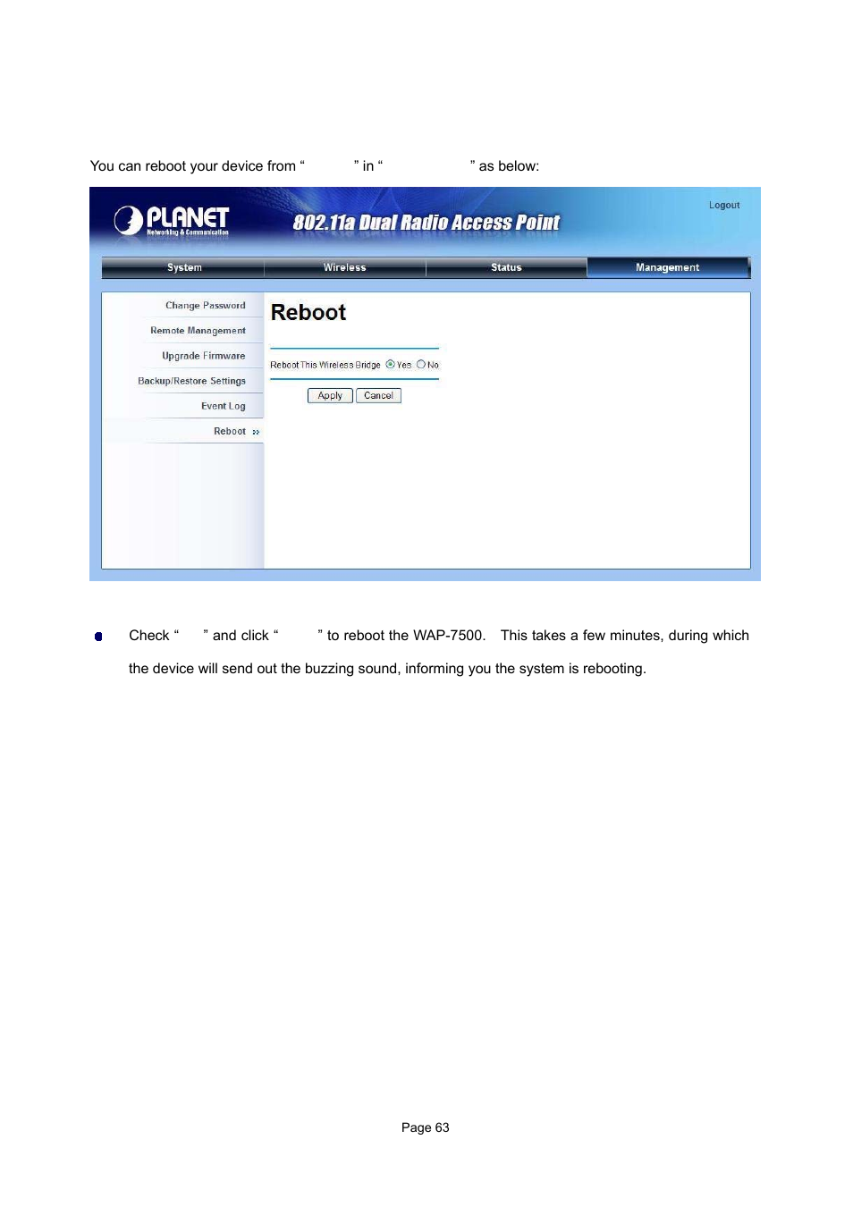 13 reboot | PLANET WAP-7500 User Manual | Page 63 / 82