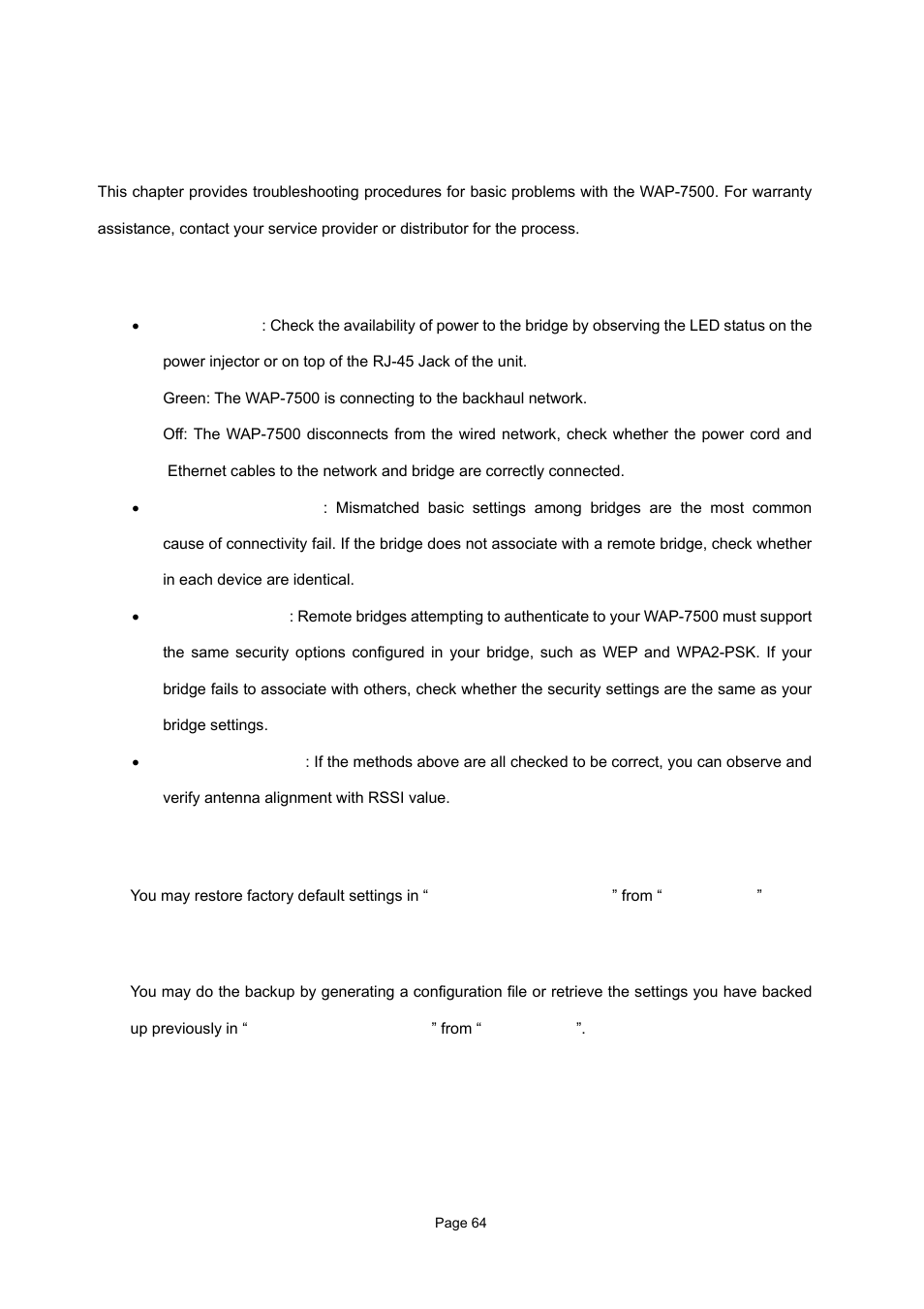 Chapter 6 troubleshooting | PLANET WAP-7500 User Manual | Page 64 / 82