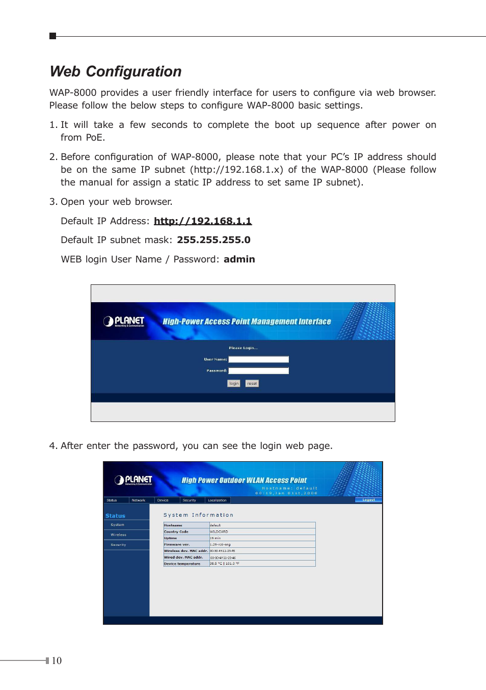 Web configuration | PLANET WAP-8000 User Manual | Page 10 / 12