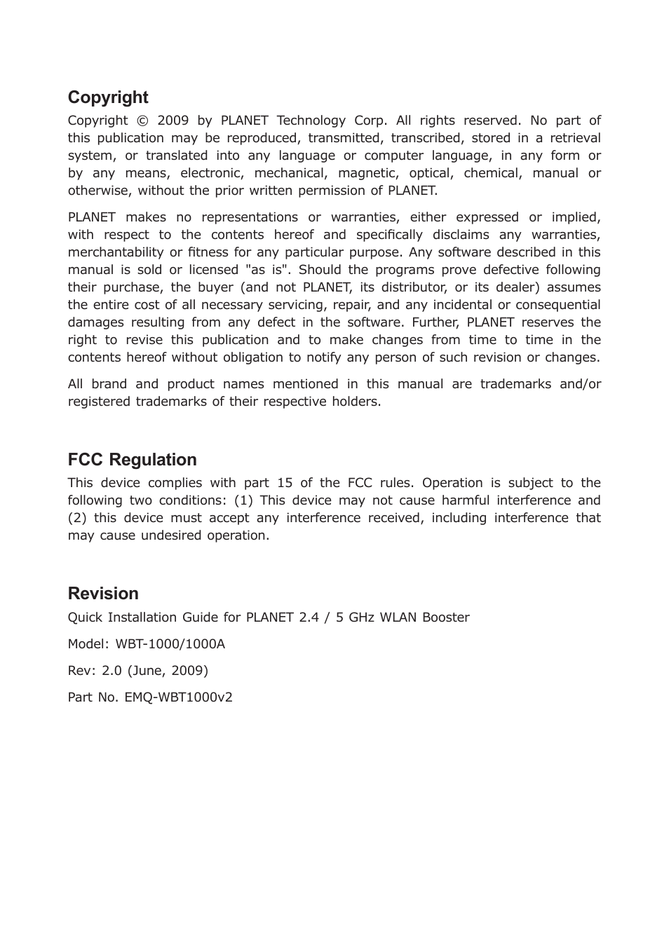 Copyright, Fcc regulation, Revision | PLANET WBT-1000 User Manual | Page 3 / 12