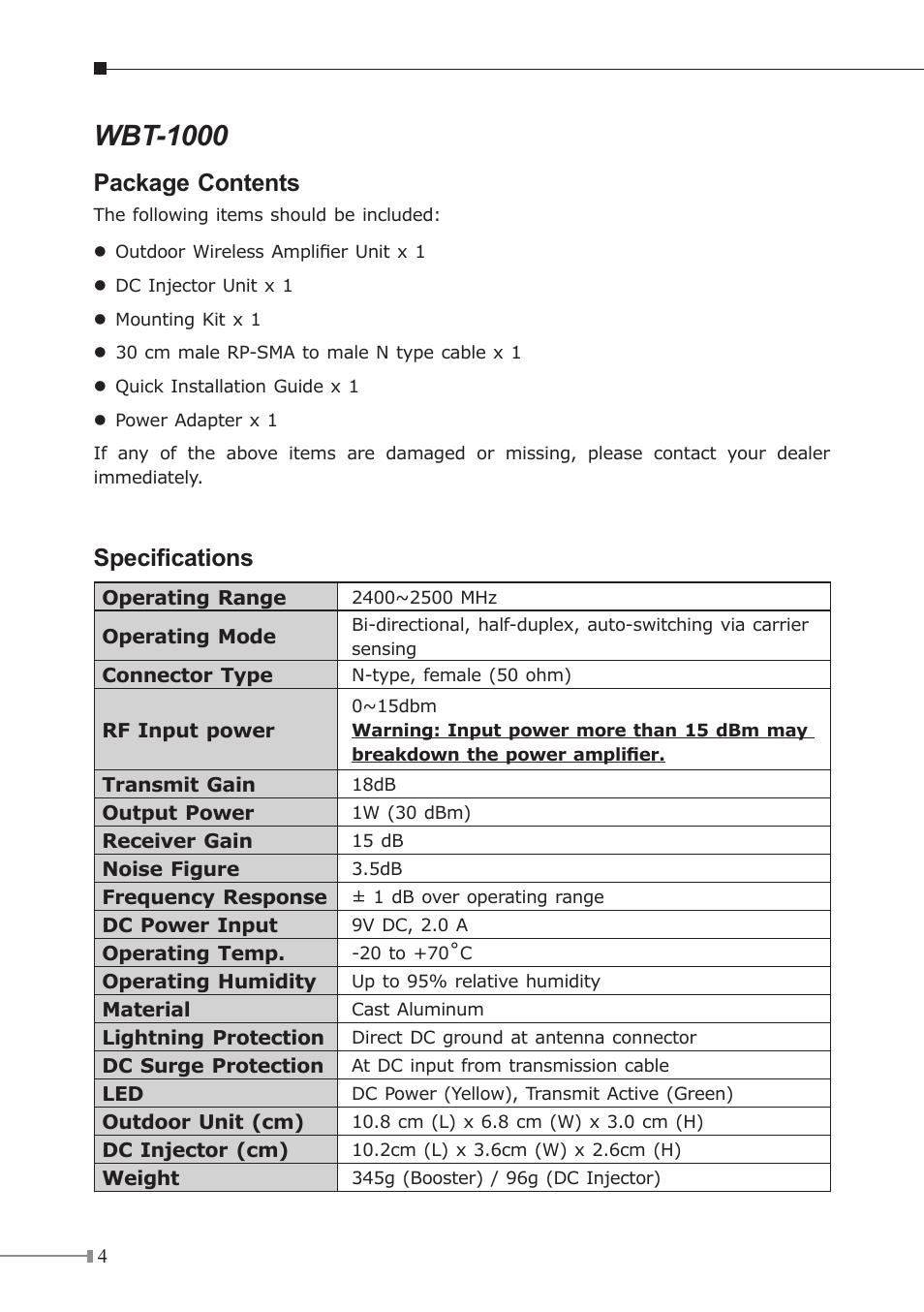 Wbt-1000, Package contents, Specifications | PLANET WBT-1000 User Manual | Page 4 / 12