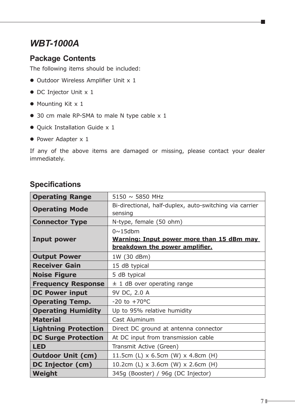 Wbt-1000a, Package contents, Specifications | PLANET WBT-1000 User Manual | Page 7 / 12