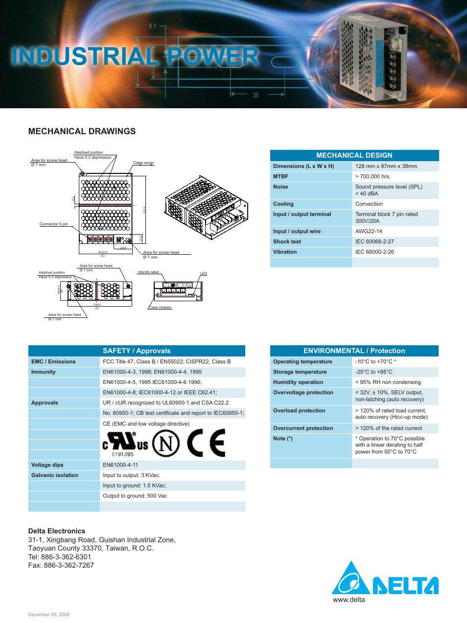 Mechanical drawings, Mechanical design, Safety / approvals | Environmental / protection | Delta Electronics 1-phase 35W User Manual | Page 2 / 2