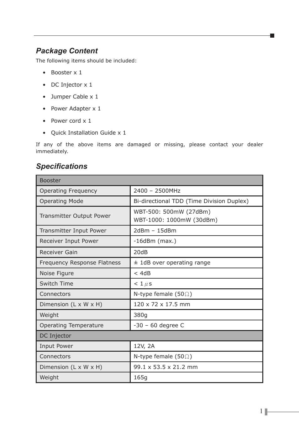 Package content, Specifications | PLANET WBT-1000 User Manual | Page 5 / 10