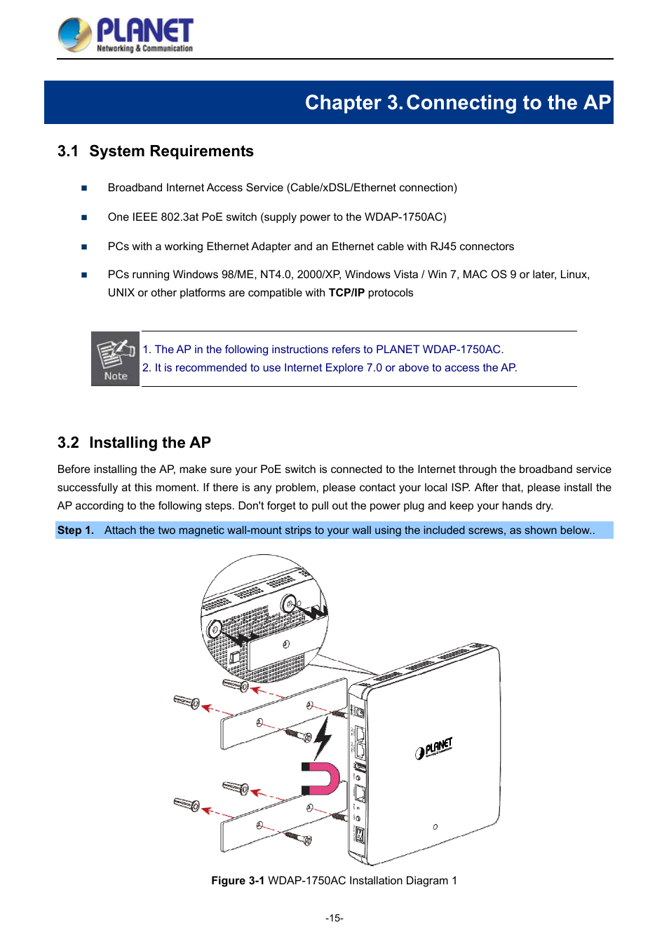 Chapter 3. connecting to the ap, 1 system requirements, 2 installing the ap | Chapter 3, Connecting to the ap, System requirements, Installing the ap, Igure, Wdap-1750ac, Nstallation | PLANET WDAP-1750AC User Manual | Page 23 / 91
