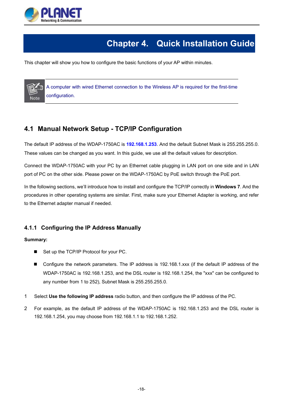 Chapter 4. quick installation guide, 1 manual network setup - tcp/ip configuration, 1 configuring the ip address manually | Chapter 4, Quick installation guide, Manual network setup - tcp/ip configuration, Configuring the ip address manually | PLANET WDAP-1750AC User Manual | Page 26 / 91
