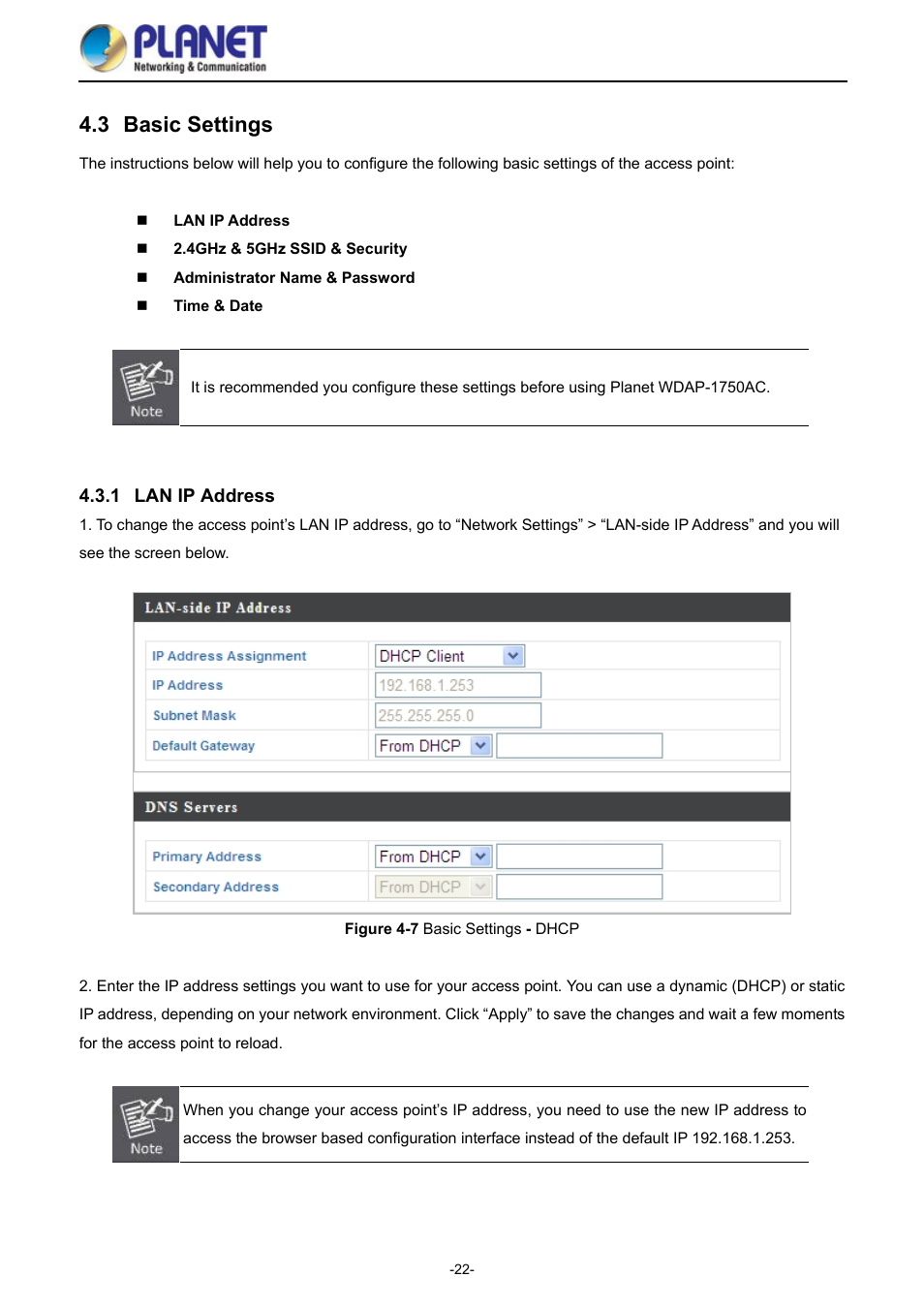 3 basic settings, 1 lan ip address, Basic settings | Lan ip address, Igure, Asic, Ettings, Dhcp | PLANET WDAP-1750AC User Manual | Page 30 / 91