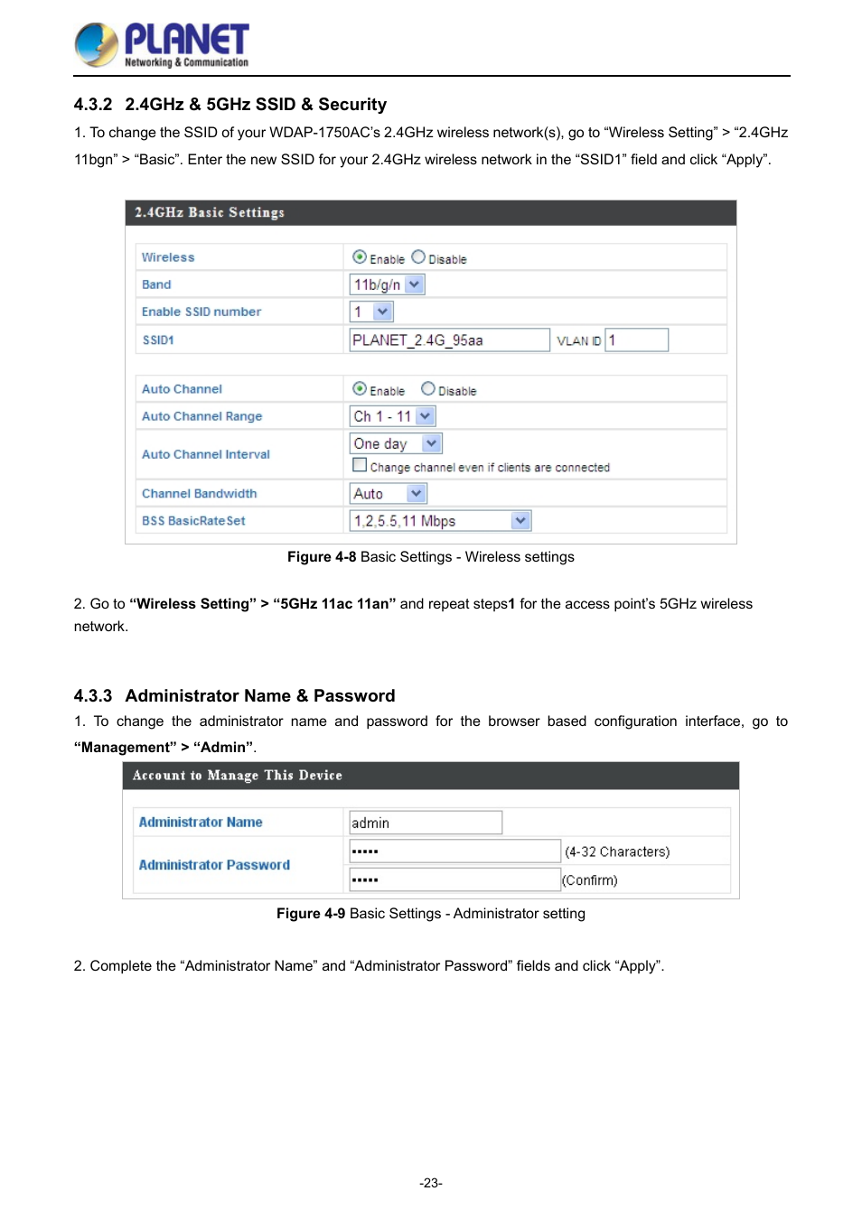 2 2.4ghz & 5ghz ssid & security, 3 administrator name & password, 4ghz & 5ghz ssid & security | Administrator name & password, Igure, Asic, Ettings, Ireless settings, Dministrator setting | PLANET WDAP-1750AC User Manual | Page 31 / 91