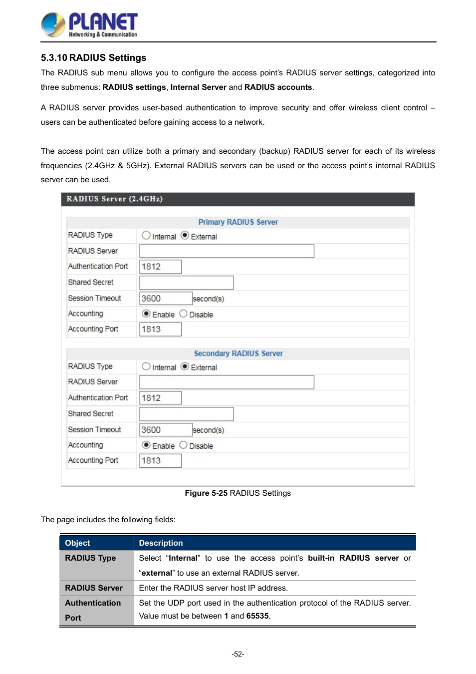10 radius settings, Radius settings, Igure | Radius, Ettings | PLANET WDAP-1750AC User Manual | Page 60 / 91