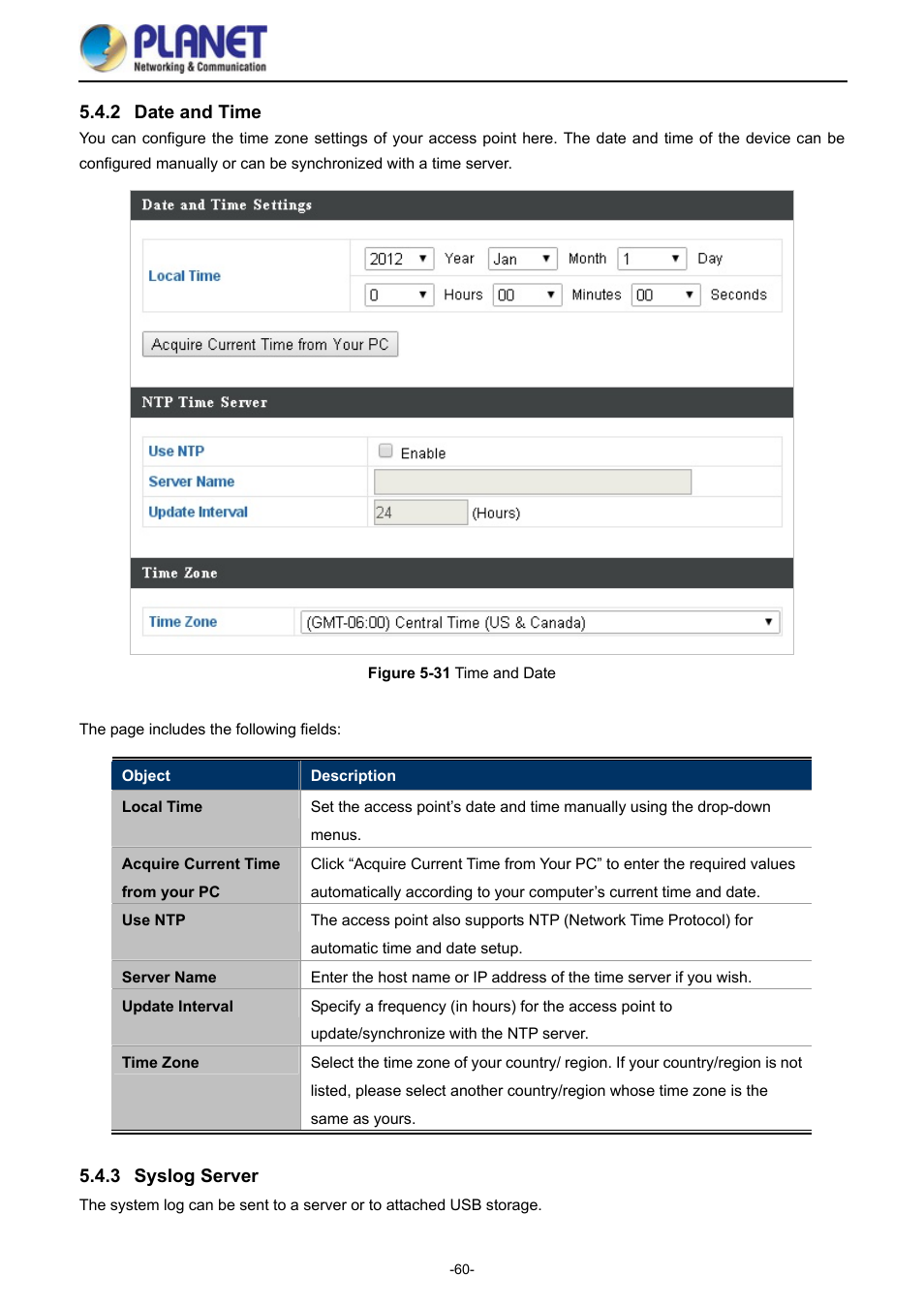 2 date and time, 3 syslog server, Date and time | Syslog server, Igure, Ime and | PLANET WDAP-1750AC User Manual | Page 68 / 91