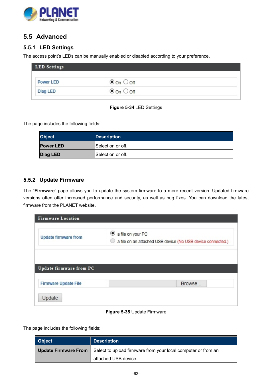 5 advanced, 1 led settings, 2 update firmware | Advanced, Led settings, Update firmware, Igure, Ettings, Pdate, Irmware | PLANET WDAP-1750AC User Manual | Page 70 / 91