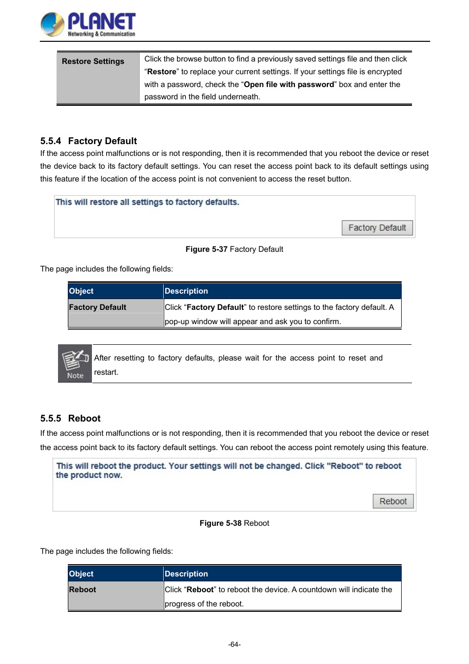 4 factory default, 5 reboot, Factory default | Reboot, Igure, Actory, Efault, Eboot | PLANET WDAP-1750AC User Manual | Page 72 / 91