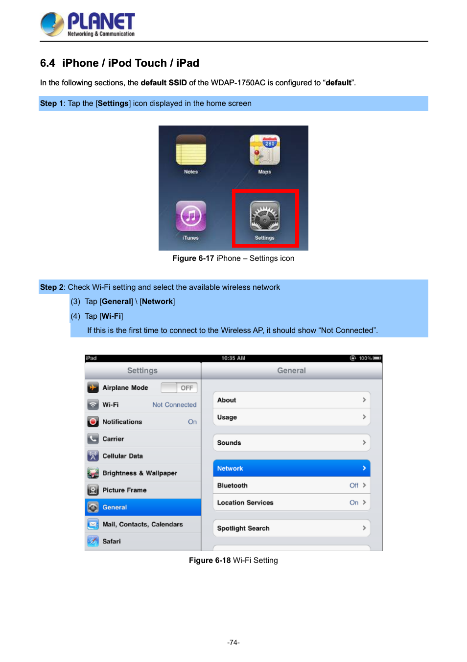 4 iphone / ipod touch / ipad, Iphone / ipod touch / ipad, Igure | Hone, Ettings icon, Etting | PLANET WDAP-1750AC User Manual | Page 82 / 91