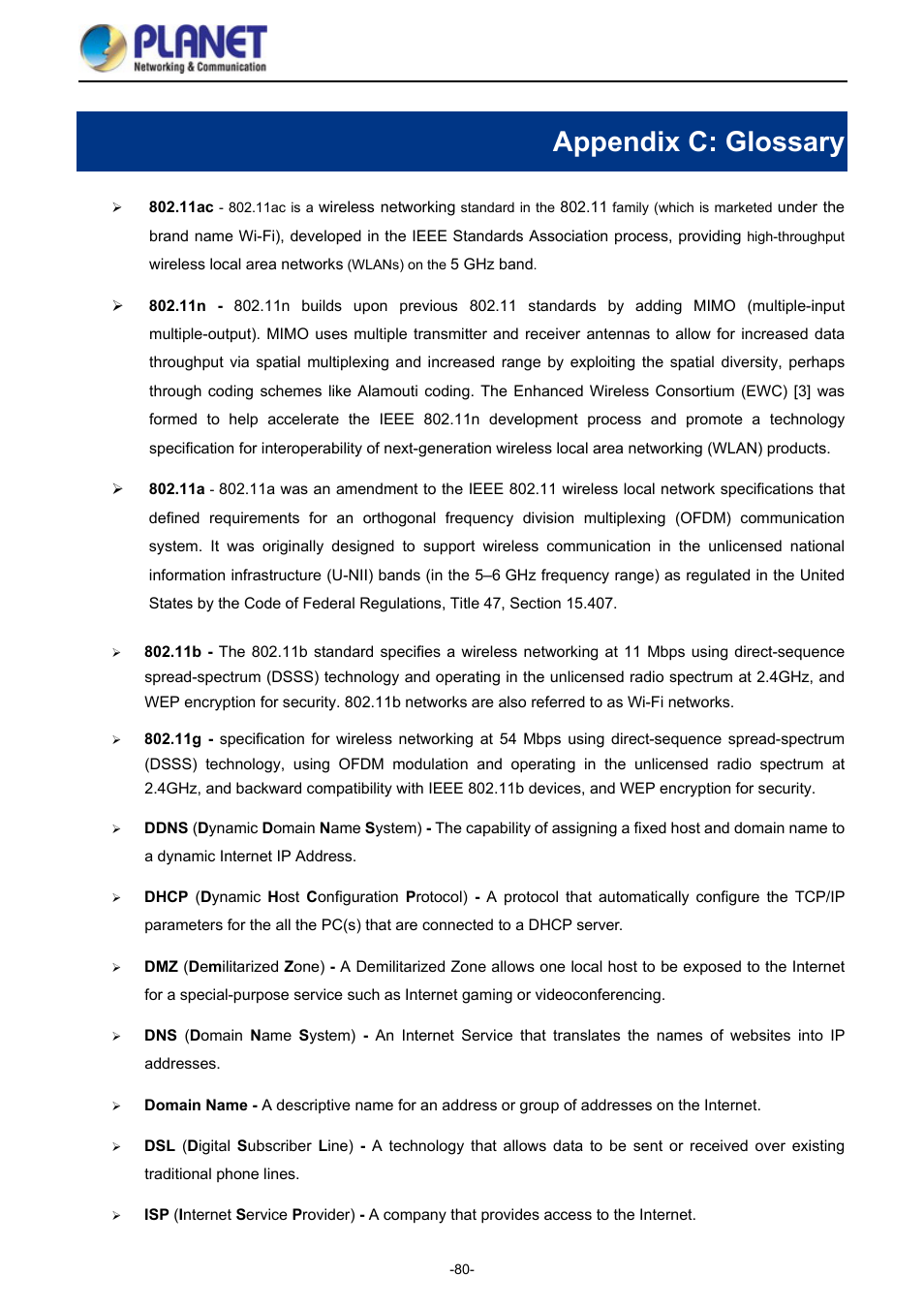 Appendix c: glossary | PLANET WDAP-1750AC User Manual | Page 88 / 91