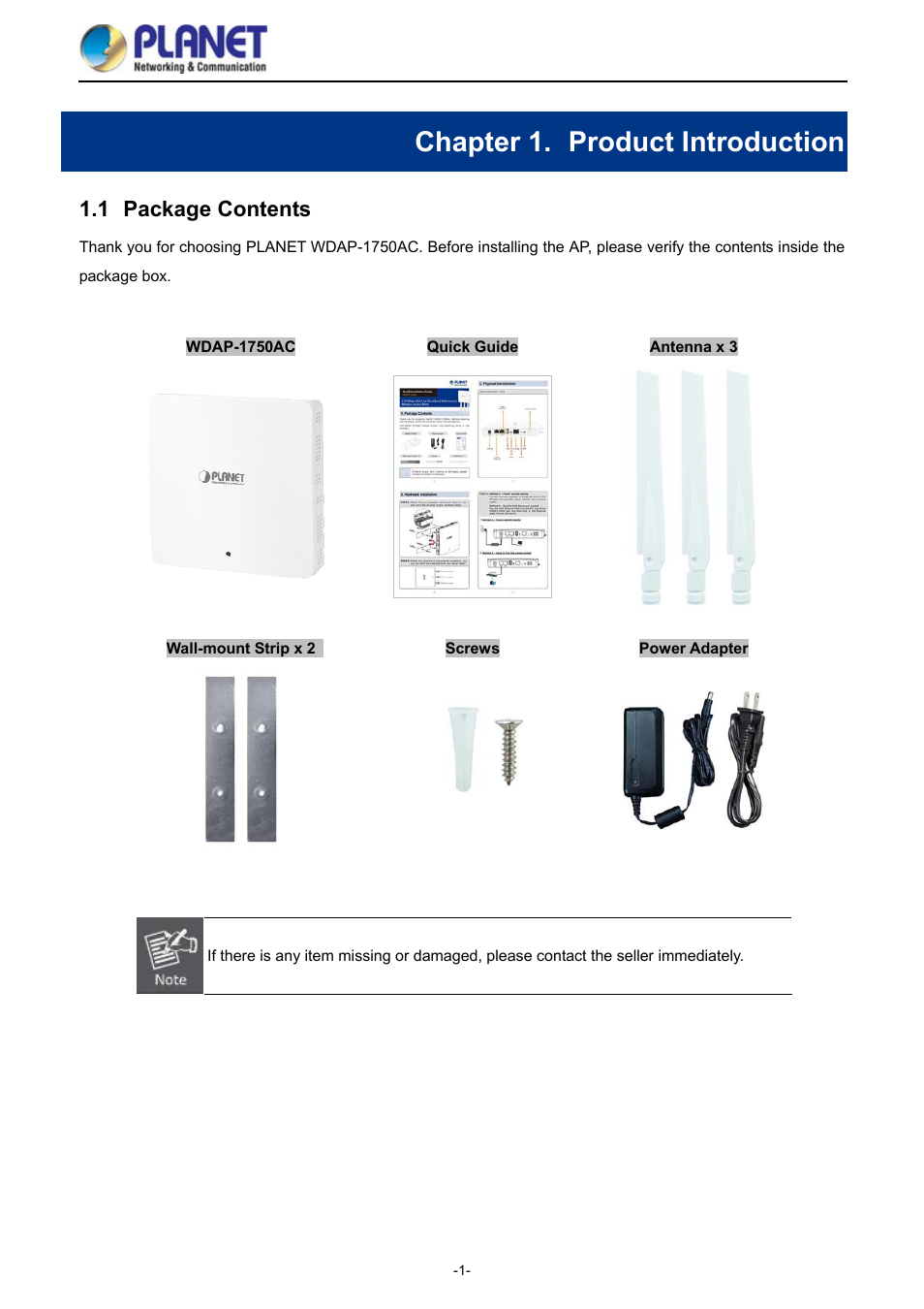 Chapter 1. product introduction, 1 package contents, Chapter 1 | Product introduction, Package contents | PLANET WDAP-1750AC User Manual | Page 9 / 91