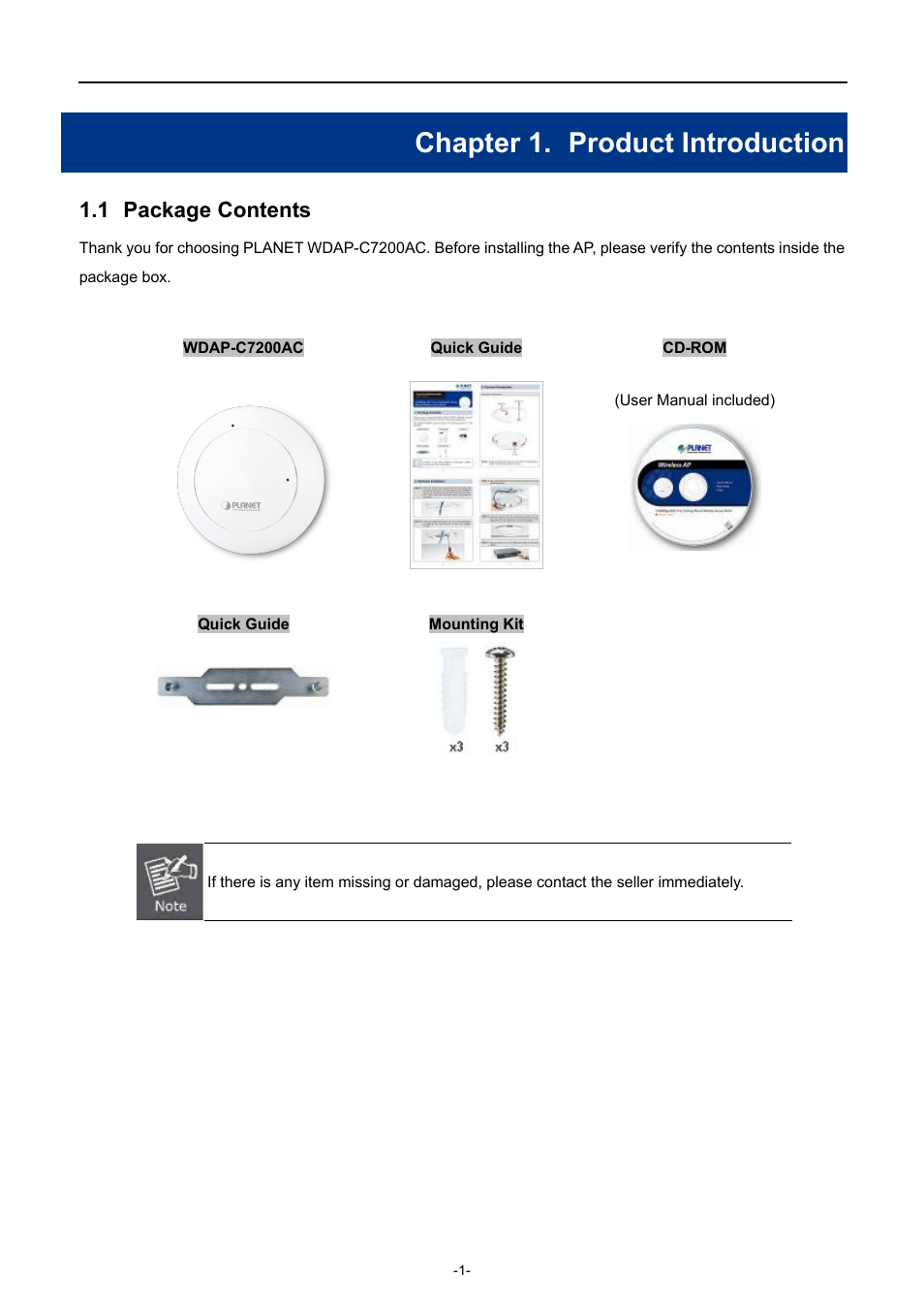 Chapter 1. product introduction, 1 package contents, Chapter 1 | Product introduction, Package contents | PLANET WDAP-C7200AC User Manual | Page 10 / 129