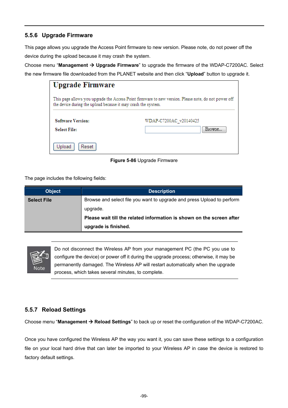 6 upgrade firmware, 7 reload settings, Upgrade firmware | Reload settings, Igure, Pgrade, Irmware | PLANET WDAP-C7200AC User Manual | Page 108 / 129