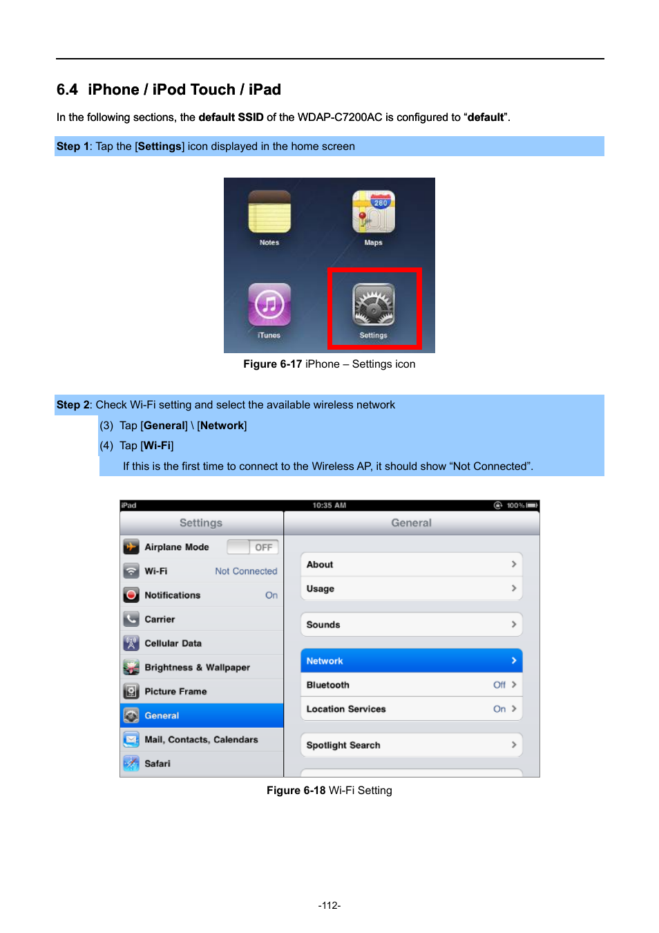 4 iphone / ipod touch / ipad, Iphone / ipod touch / ipad, Igure | Hone, Ettings icon, Etting | PLANET WDAP-C7200AC User Manual | Page 121 / 129