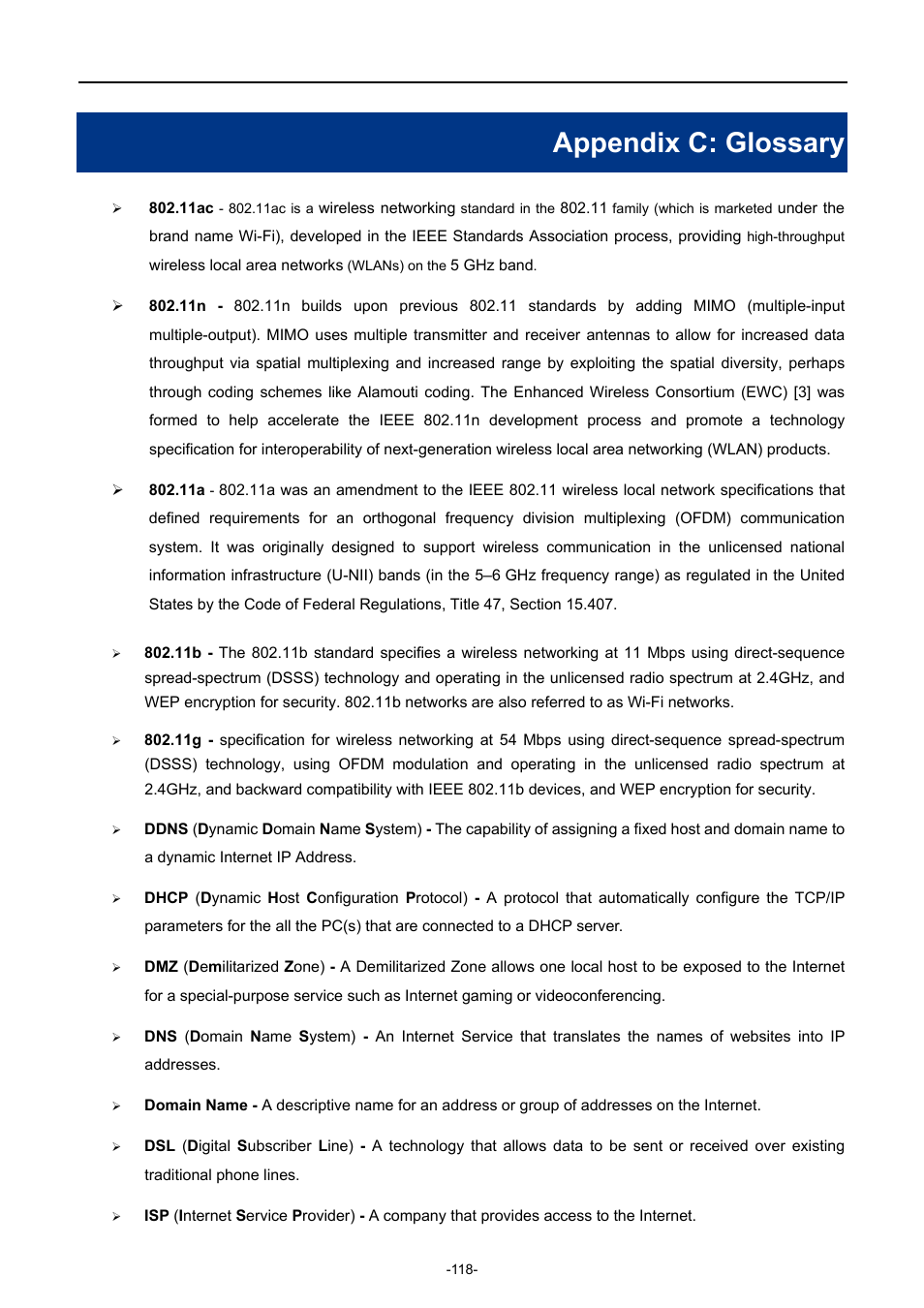 Appendix c: glossary | PLANET WDAP-C7200AC User Manual | Page 127 / 129