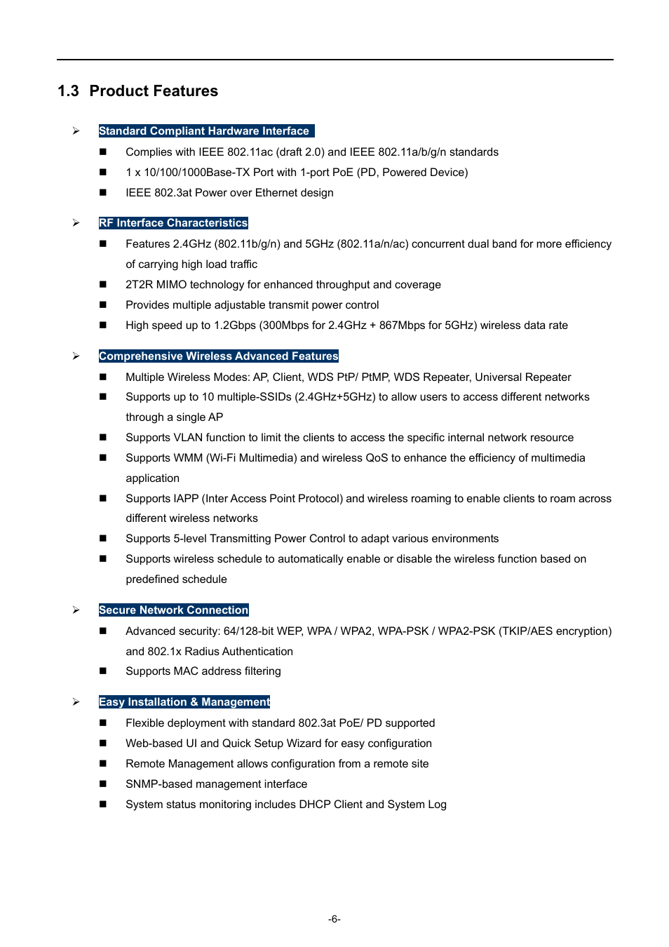 3 product features, Product features | PLANET WDAP-C7200AC User Manual | Page 15 / 129