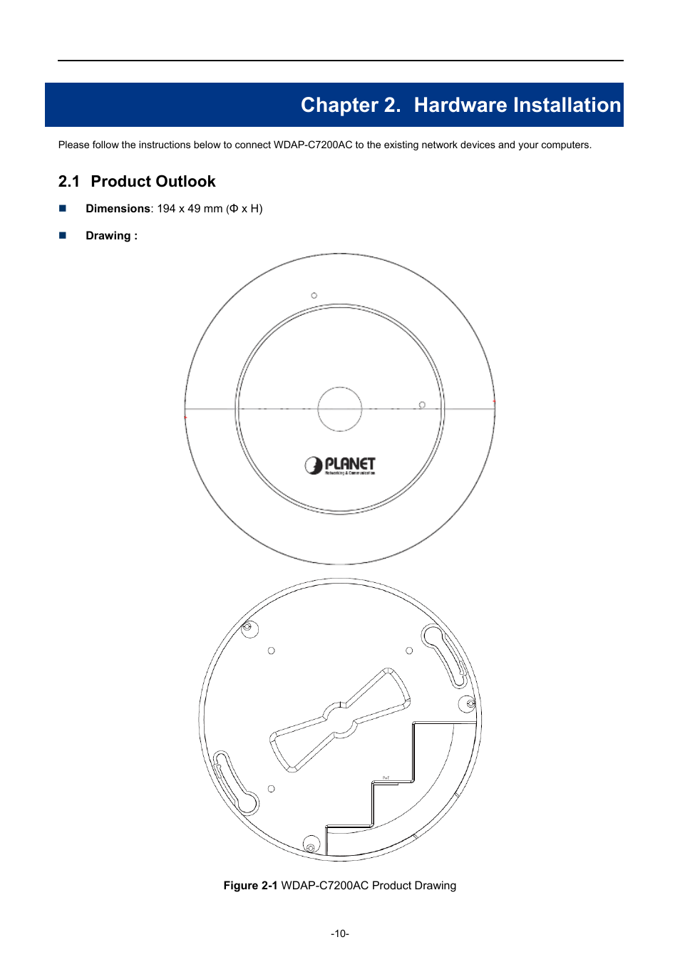 Chapter 2. hardware installation, 1 product outlook, Chapter 2 | Hardware installation, Product outlook, Igure, Wdap-c7200ac, Roduct, Rawing | PLANET WDAP-C7200AC User Manual | Page 19 / 129