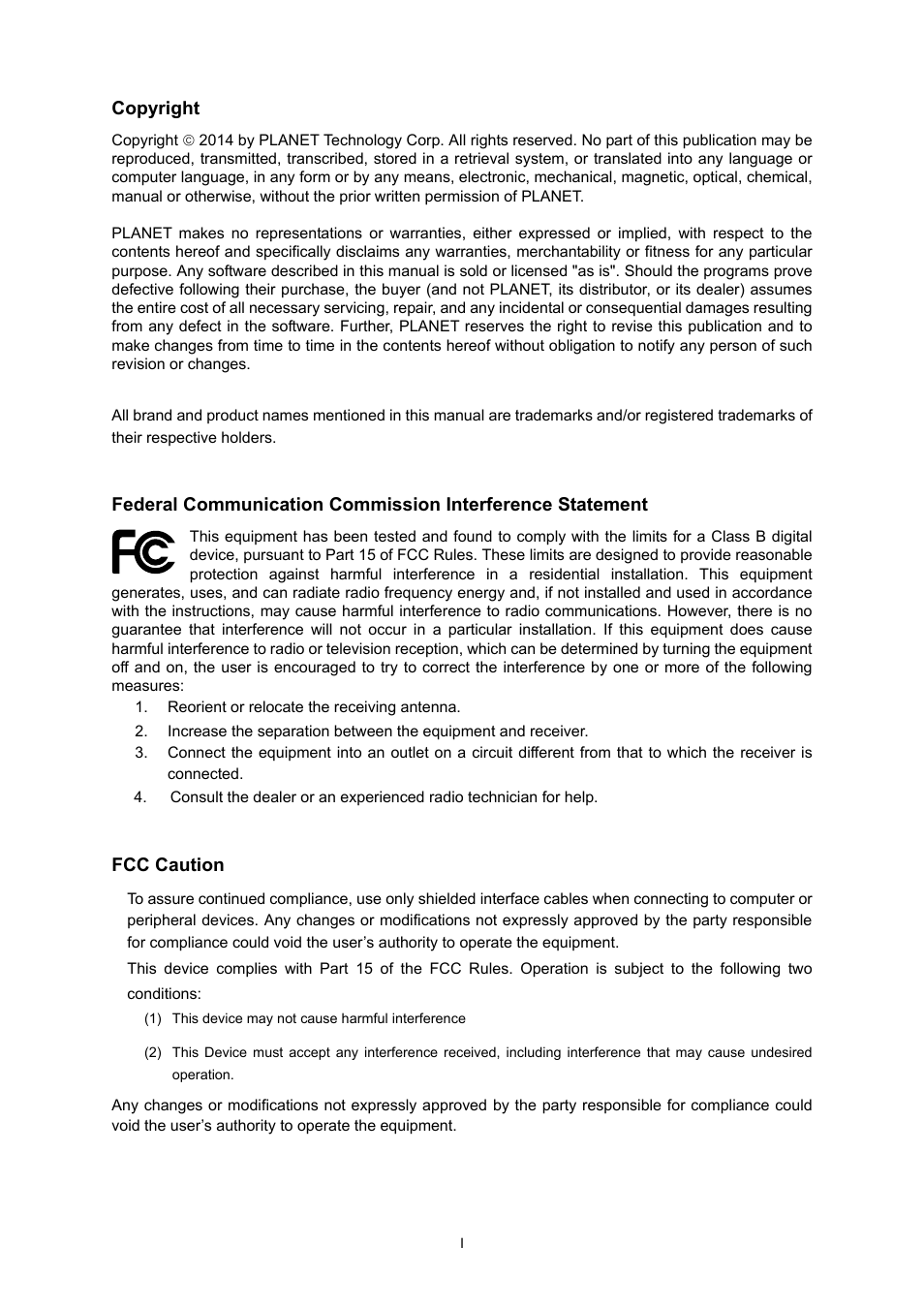 Copyright, Fcc caution | PLANET WDAP-C7200AC User Manual | Page 2 / 129
