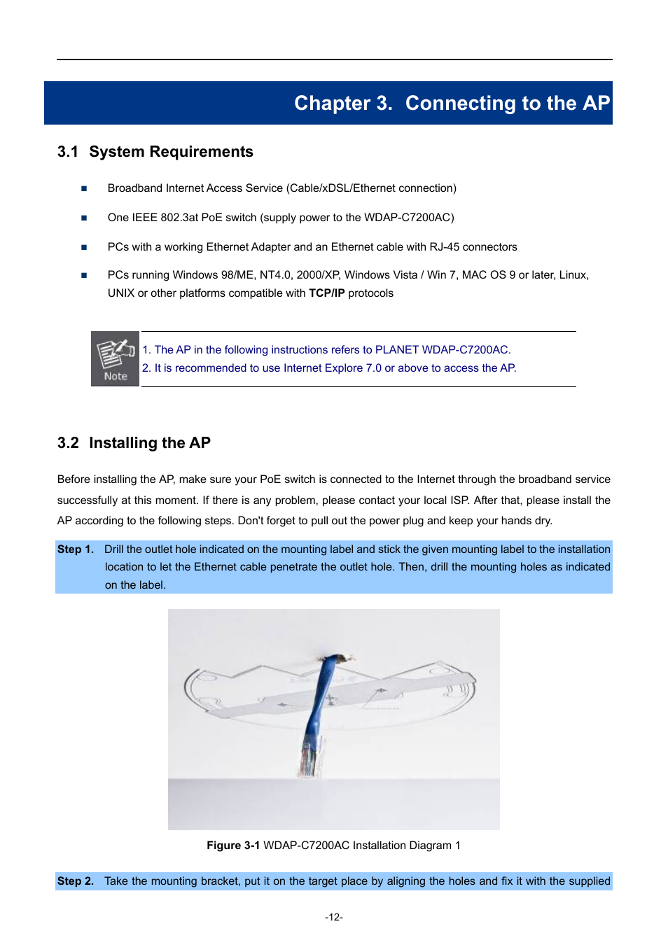 Chapter 3. connecting to the ap, 1 system requirements, 2 installing the ap | Chapter 3, Connecting to the ap, System requirements, Installing the ap, Igure, Wdap-c7200ac, Nstallation | PLANET WDAP-C7200AC User Manual | Page 21 / 129