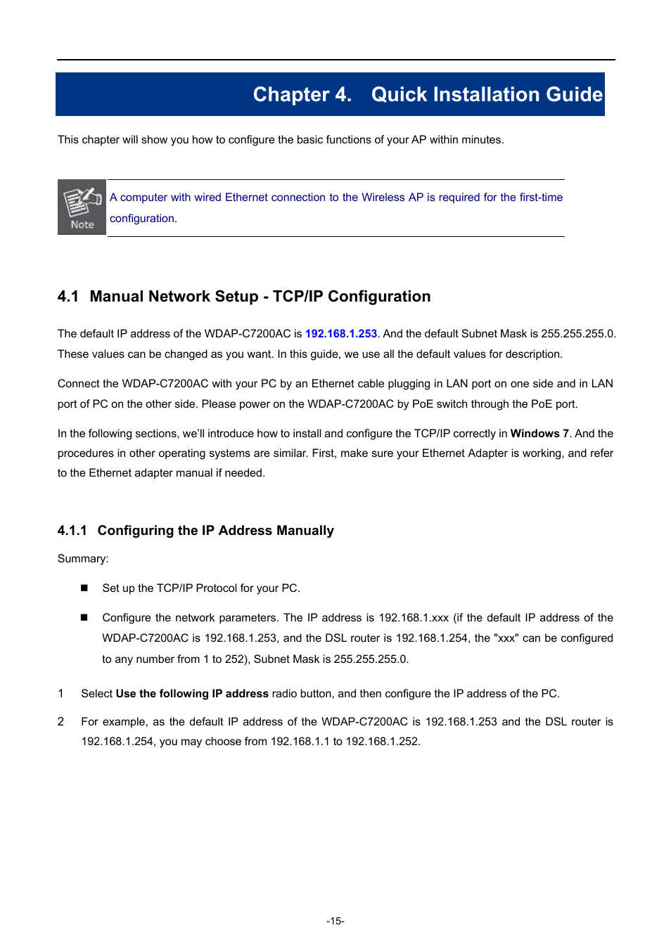 Chapter 4. quick installation guide, 1 manual network setup - tcp/ip configuration, 1 configuring the ip address manually | Chapter 4, Quick installation guide, Manual network setup - tcp/ip configuration, Configuring the ip address manually | PLANET WDAP-C7200AC User Manual | Page 24 / 129
