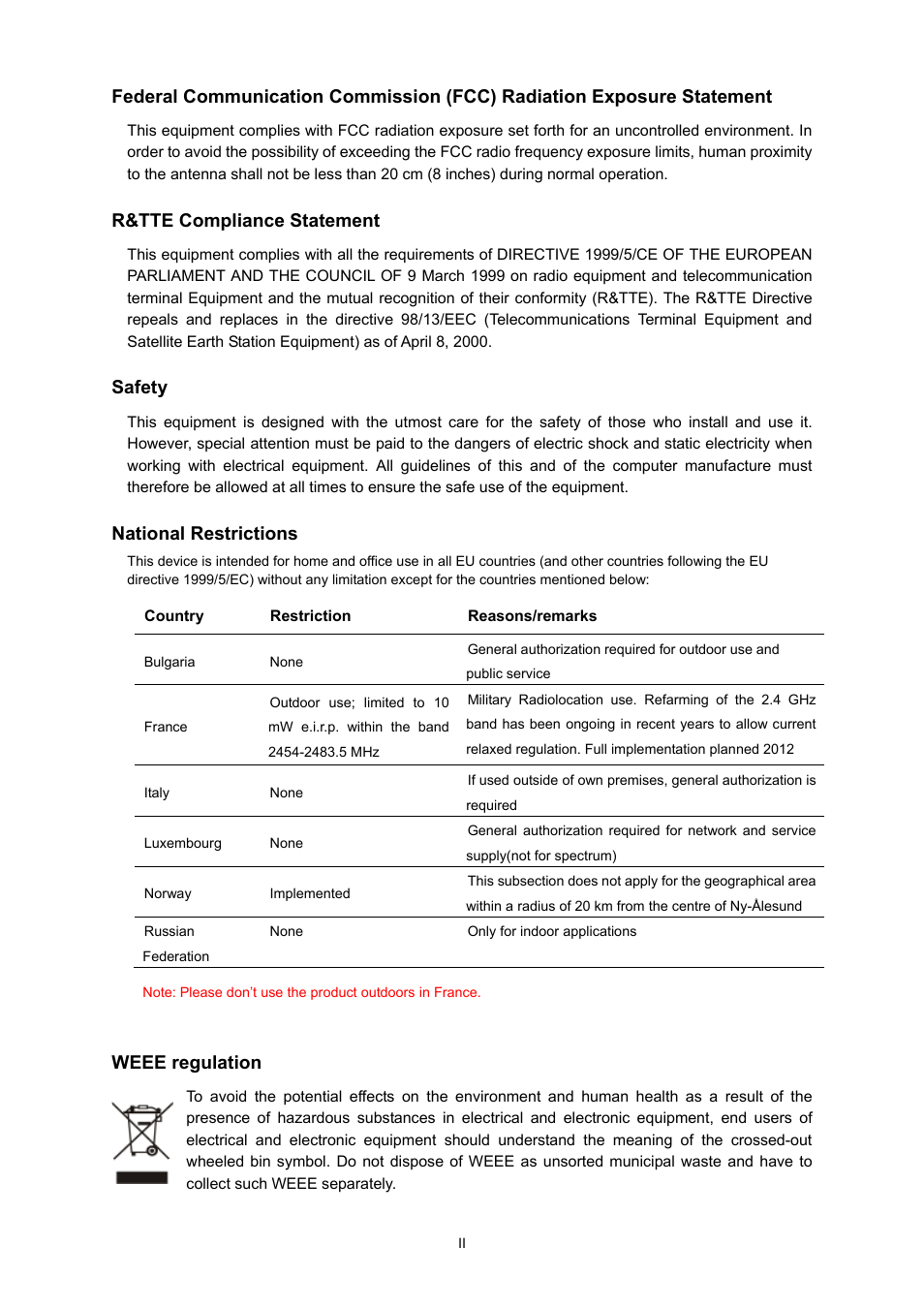 R&tte compliance statement, Safety, National restrictions | Weee regulation | PLANET WDAP-C7200AC User Manual | Page 3 / 129