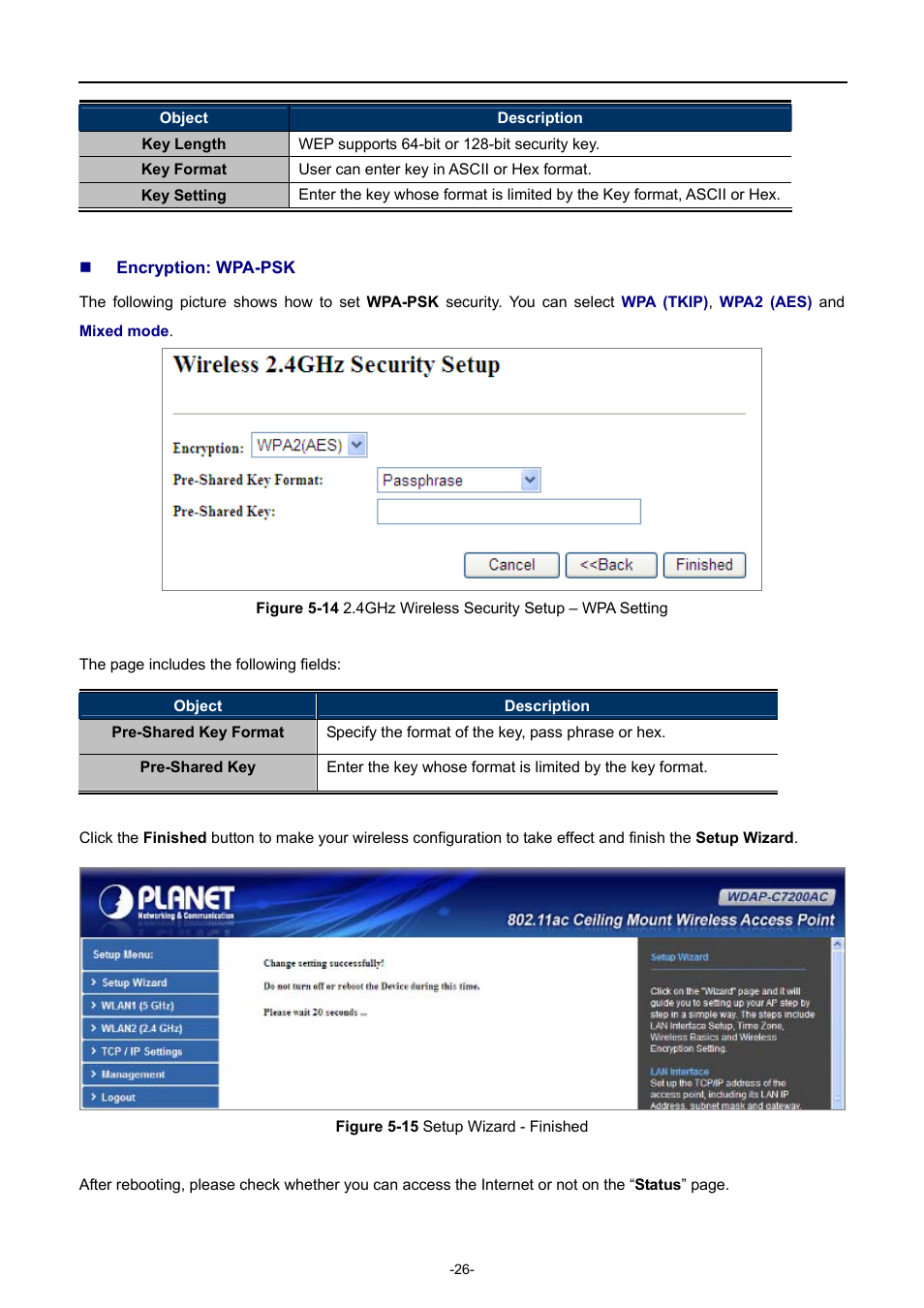 Igure, Ireless, Ecurity | Etup, Etting, Izard, Inished | PLANET WDAP-C7200AC User Manual | Page 35 / 129