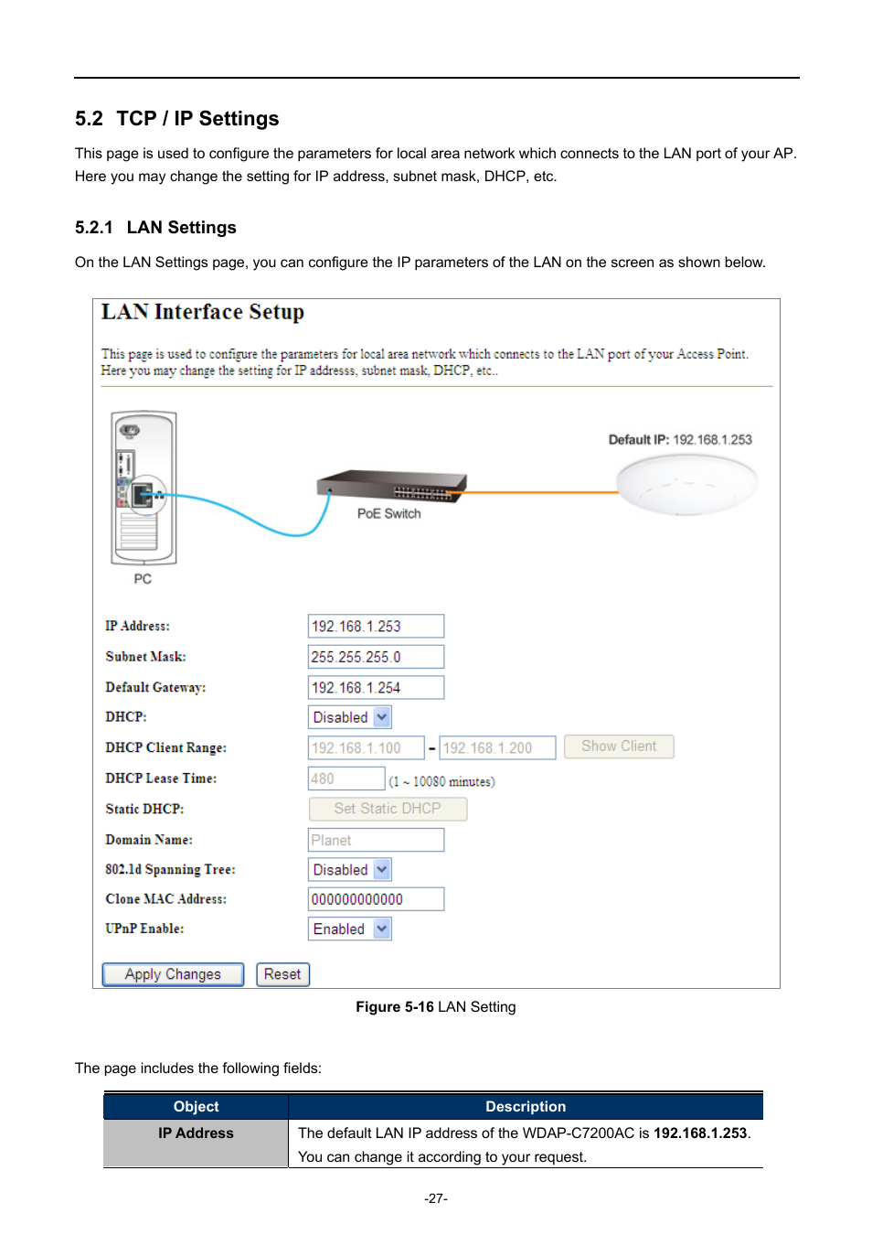 2 tcp / ip settings, 1 lan settings, Tcp / ip settings | Lan settings, Igure, Etting | PLANET WDAP-C7200AC User Manual | Page 36 / 129