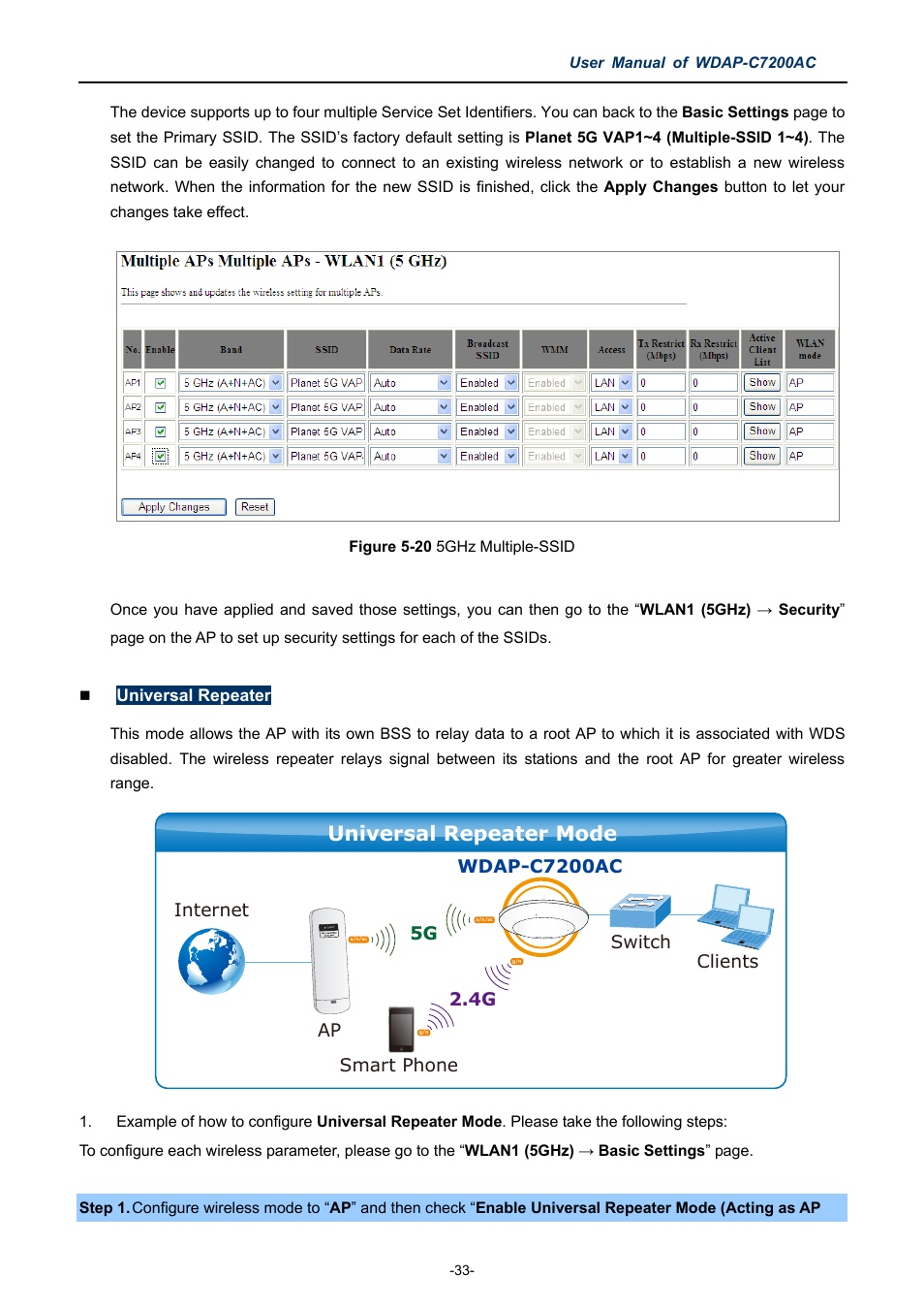 Igure, Ultiple, Ssid | Universal repeater mode | PLANET WDAP-C7200AC User Manual | Page 42 / 129