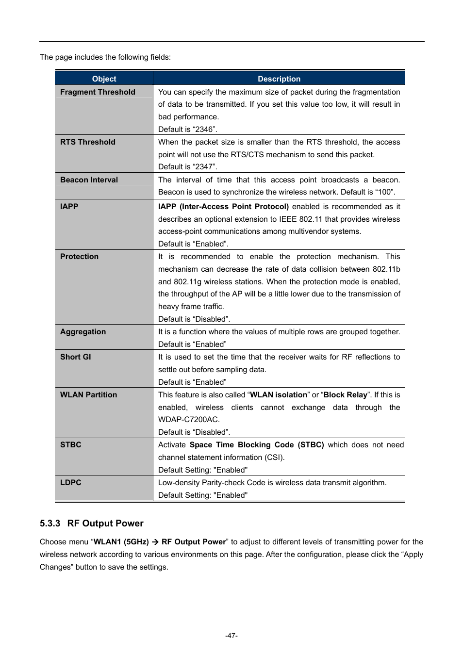 3 rf output power, Rf output power | PLANET WDAP-C7200AC User Manual | Page 56 / 129