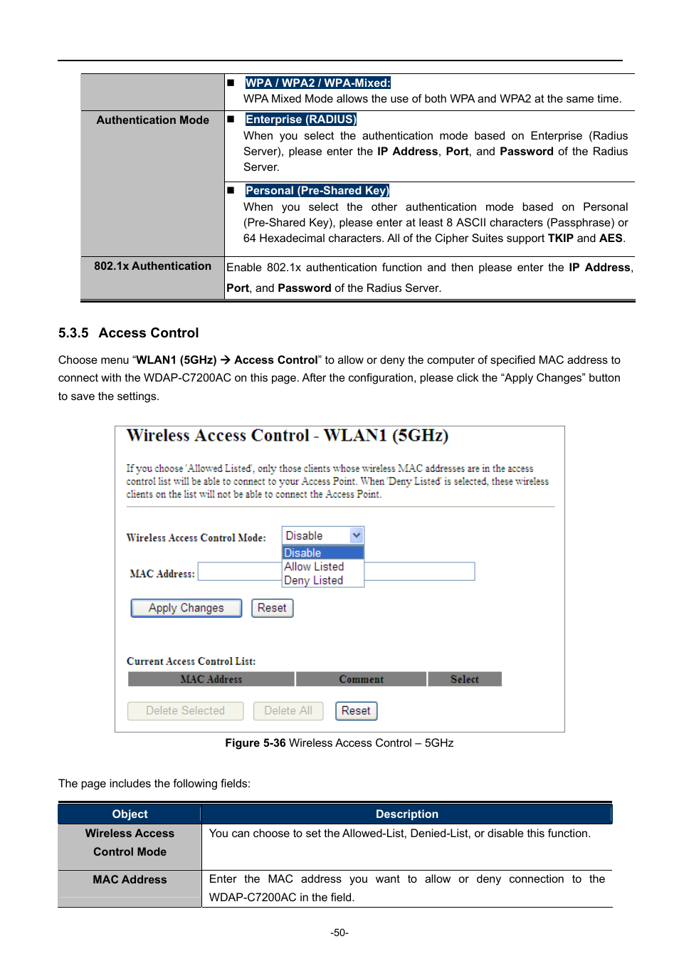 5 access control, Access control, Igure | Ireless, Ccess, Ontrol | PLANET WDAP-C7200AC User Manual | Page 59 / 129
