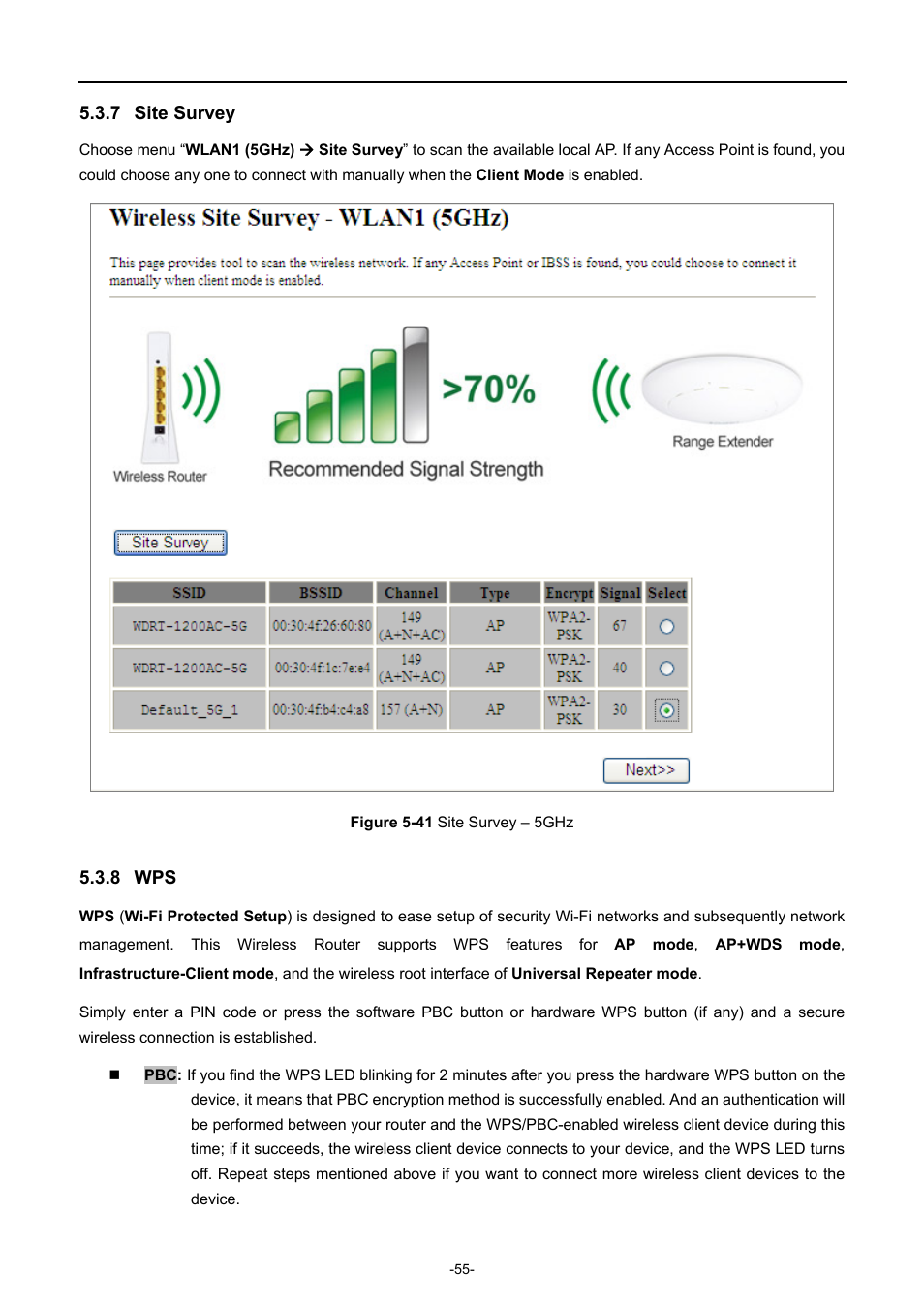 7 site survey, 8 wps, Site survey | Igure, Urvey | PLANET WDAP-C7200AC User Manual | Page 64 / 129