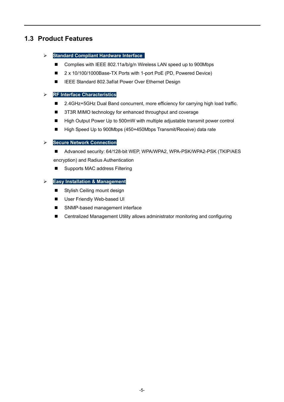 3 product features, Product features | PLANET WDAP-C7400 User Manual | Page 13 / 71