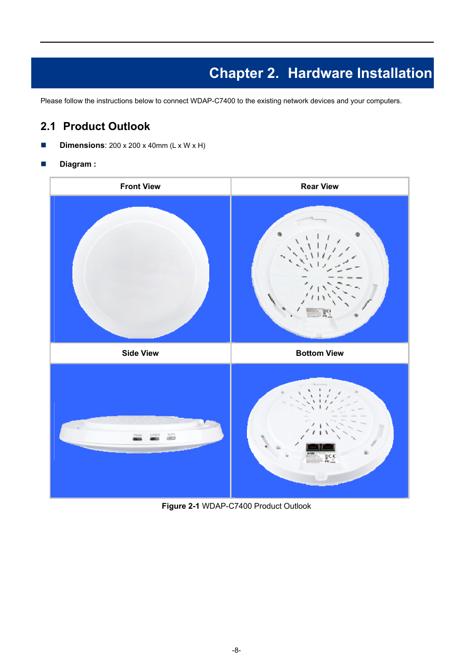 Chapter 2. hardware installation, 1 product outlook, Chapter 2 | Hardware installation, Product outlook, Igure, Wdap-c7400, Roduct, Utlook | PLANET WDAP-C7400 User Manual | Page 16 / 71