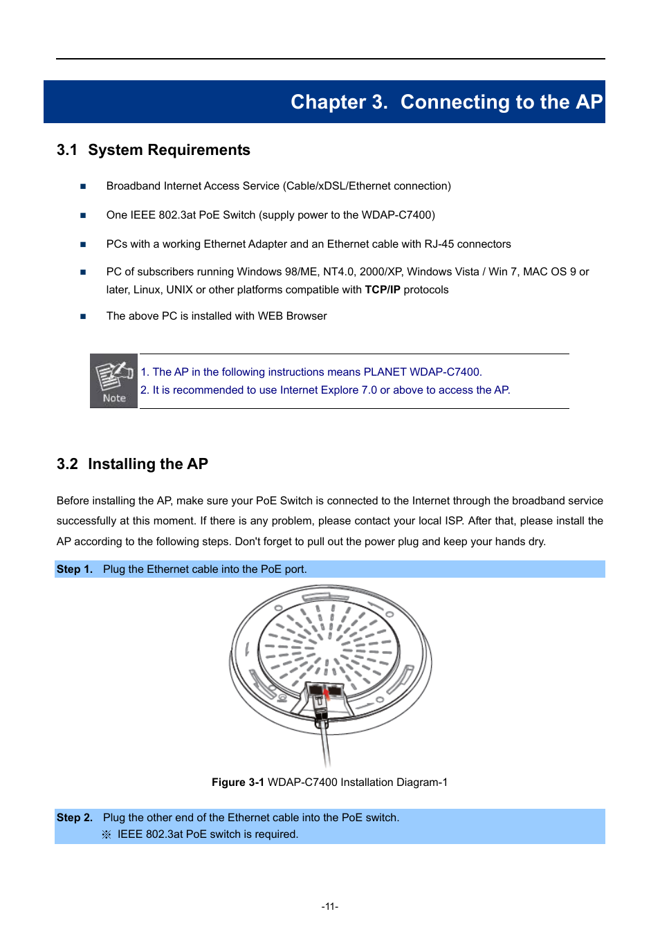 Chapter 3. connecting to the ap, 1 system requirements, 2 installing the ap | Chapter 3, Connecting to the ap, System requirements, Installing the ap, Igure, Wdap-c7400, Nstallation | PLANET WDAP-C7400 User Manual | Page 19 / 71