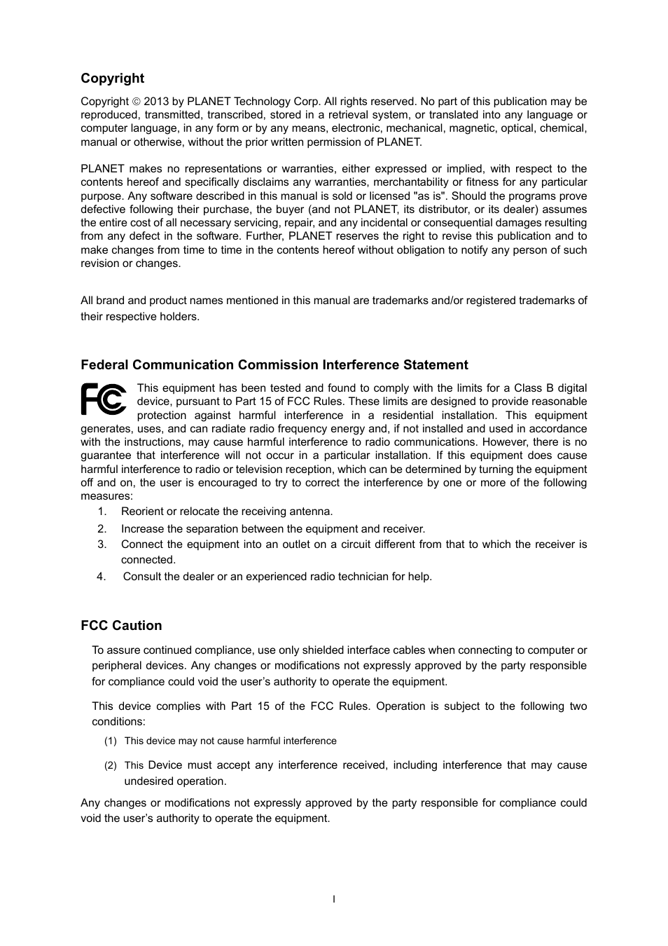 Copyright, Fcc caution | PLANET WDAP-C7400 User Manual | Page 2 / 71