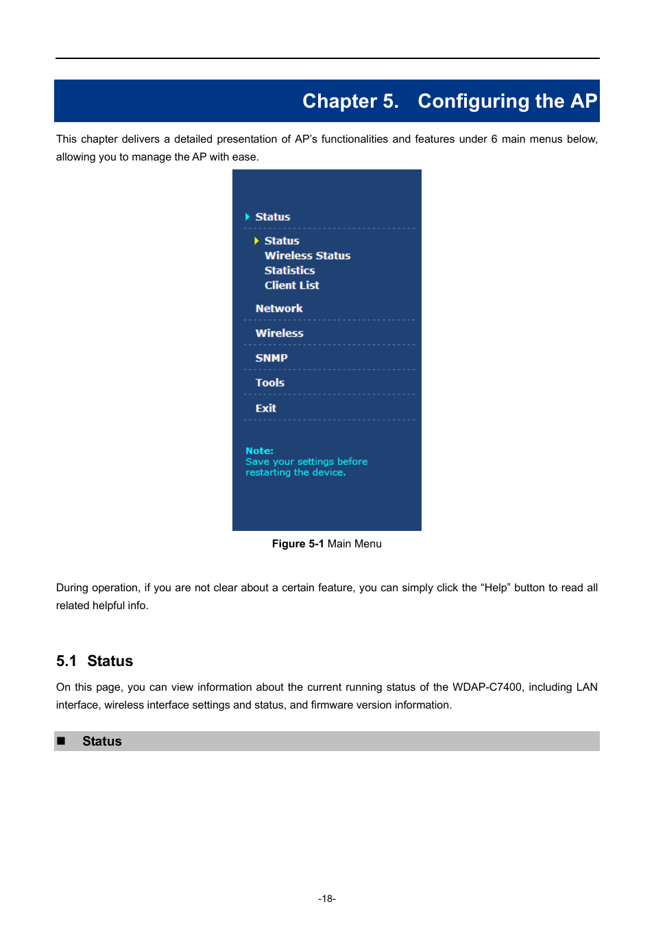 Chapter 5. configuring the ap, 1 status, Chapter 5 | Configuring the ap, Status, Igure | PLANET WDAP-C7400 User Manual | Page 26 / 71