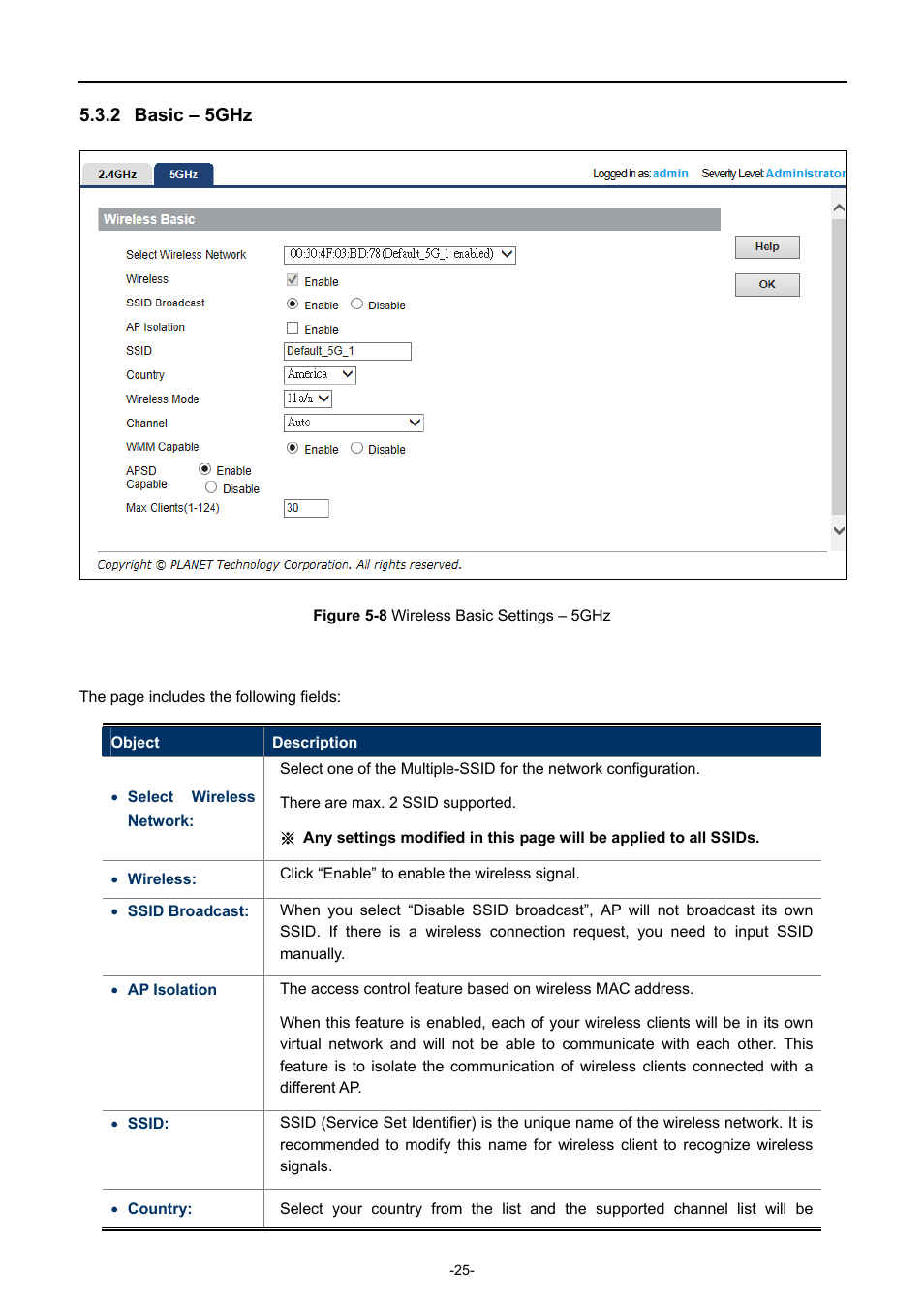 2 basic – 5ghz, Basic – 5ghz, Igure | Ireless, Asic, Ettings | PLANET WDAP-C7400 User Manual | Page 33 / 71