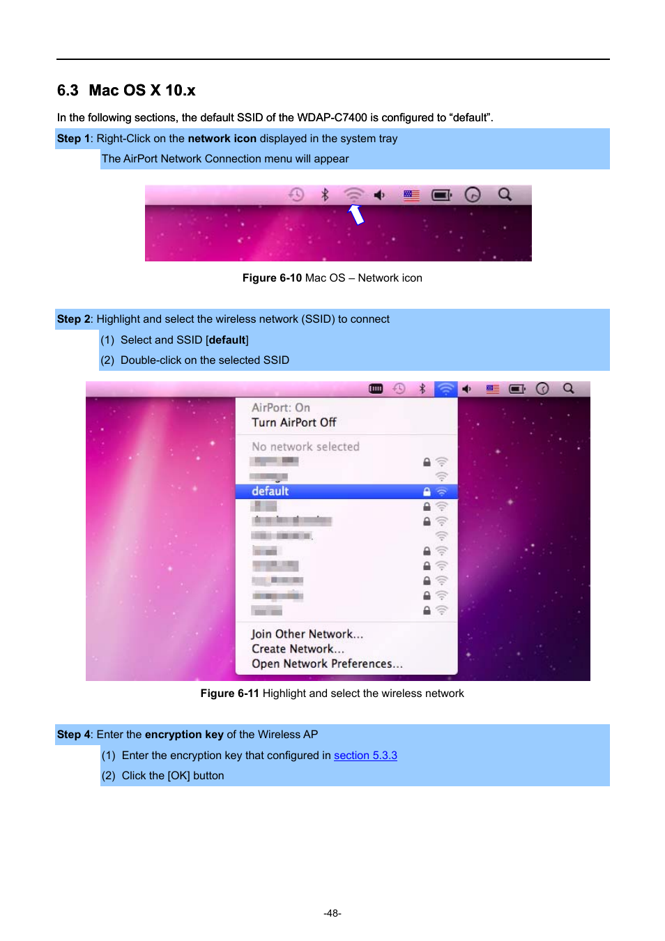 3 mac os x 10.x, Mac os x 10.x, Igure | Etwork icon, Ighlight and select the wireless network | PLANET WDAP-C7400 User Manual | Page 56 / 71